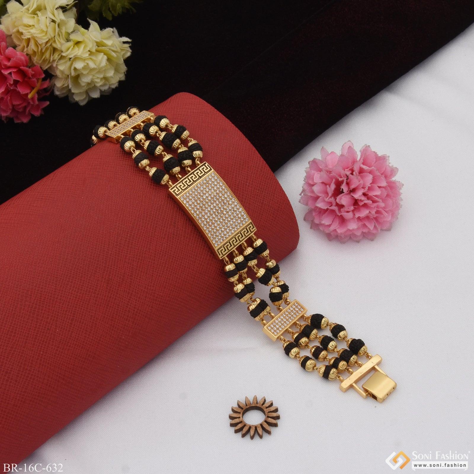 4 Line With Diamond Hand-crafted Gold Plated Rudraksha Bracelet For Men - Style C632 - Image 3