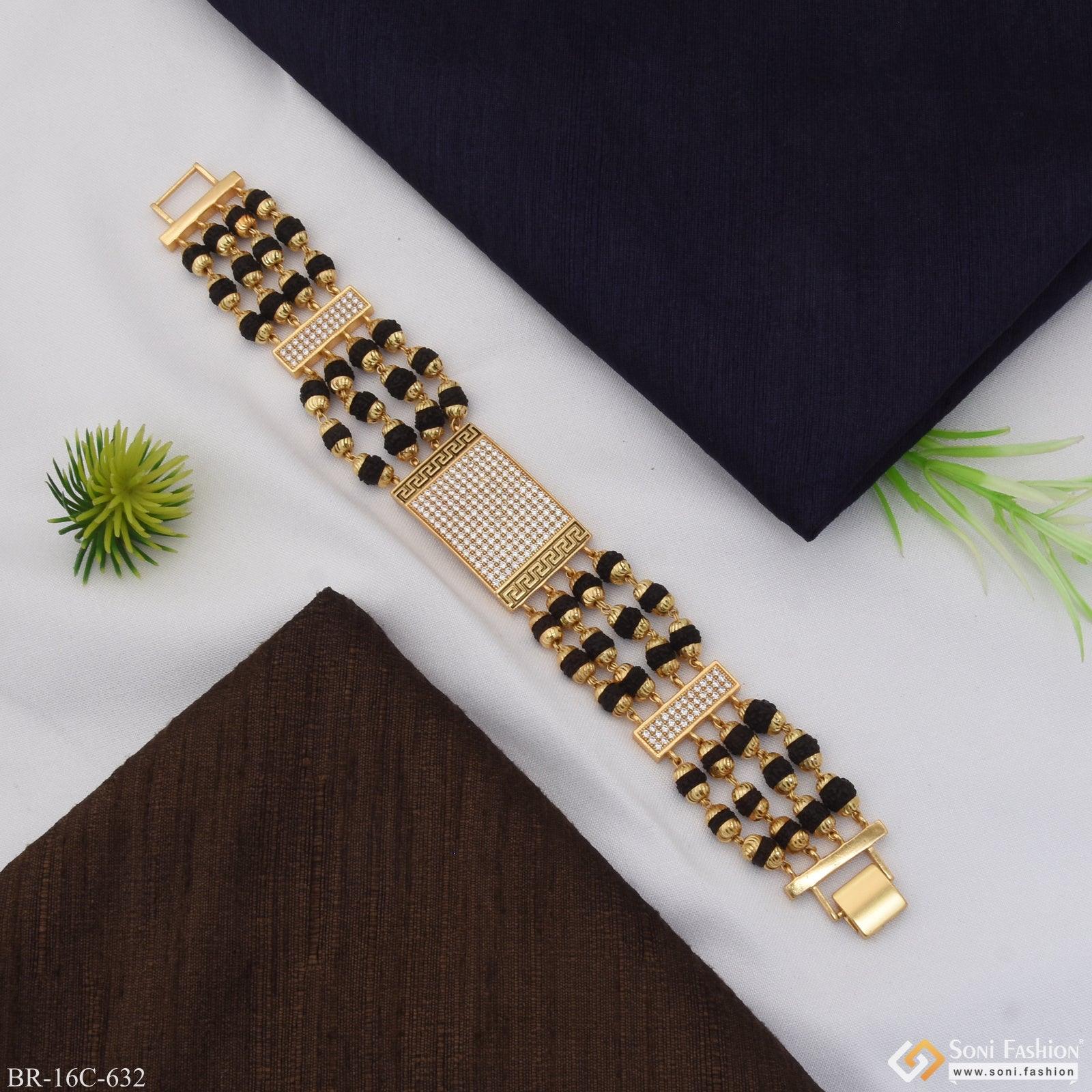 4 Line With Diamond Hand-crafted Gold Plated Rudraksha Bracelet For Men - Style C632 - Image 4