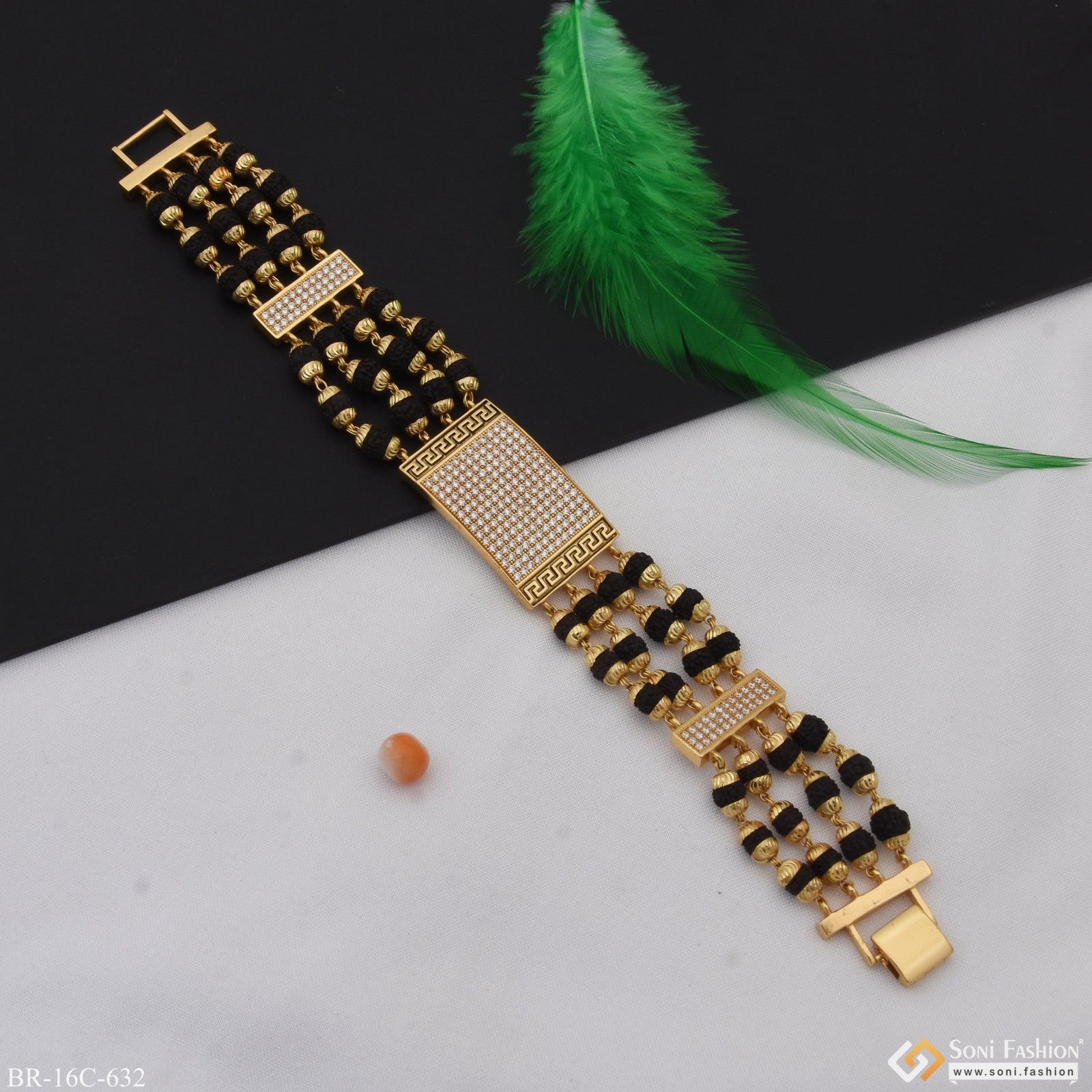 4 Line With Diamond Hand-crafted Gold Plated Rudraksha Bracelet For Men - Style C632 - Image 5