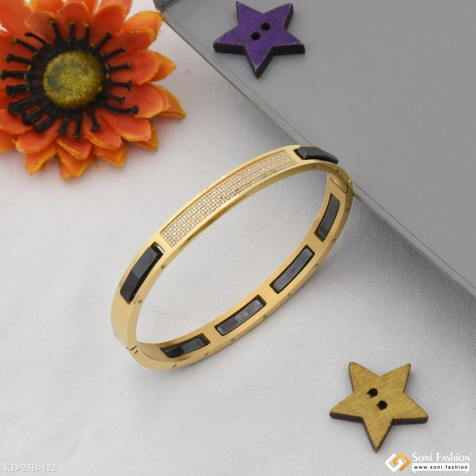 Amazing Design Black & Golden Color Ceramic & Steel Kada for Men - Style B122 - Image 4