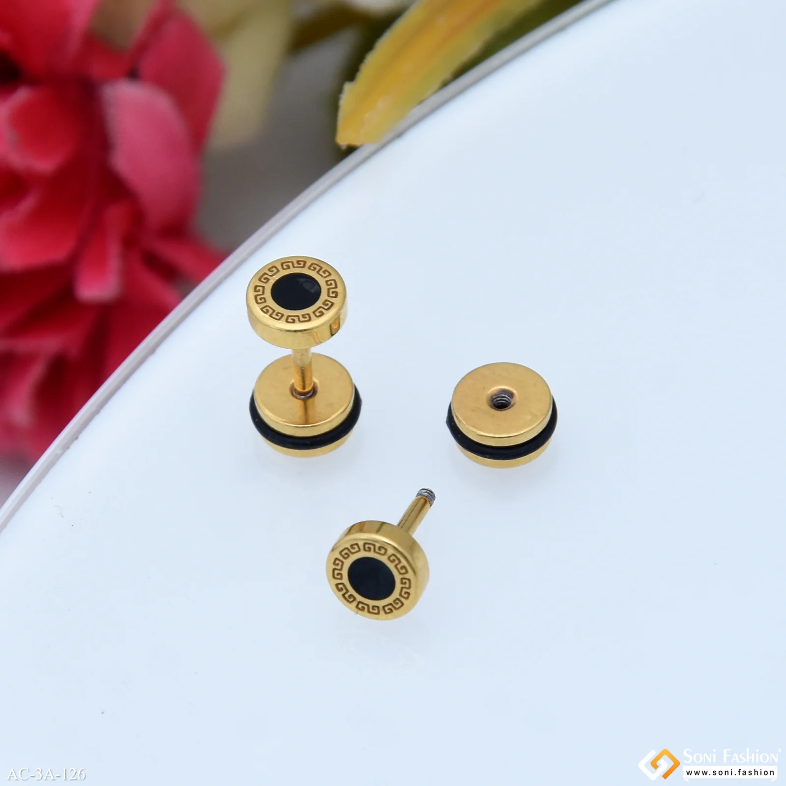 Amazing Design Golden Color Stud Earring for Men (2 Pc)- Style A126 - Image 3