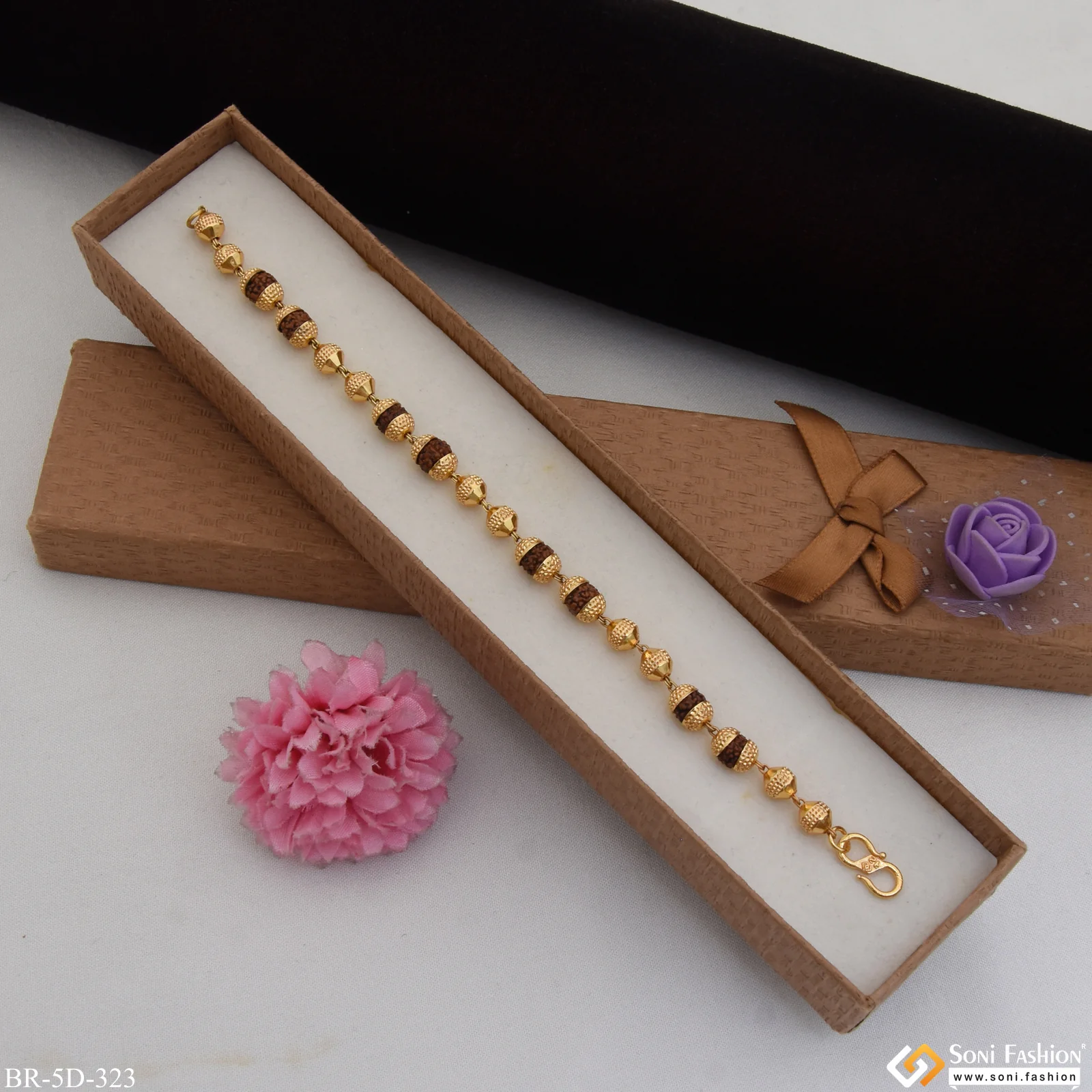 Antique Design Gold Plated Rudraksha Bracelet for Men - Style D323 - Image 2