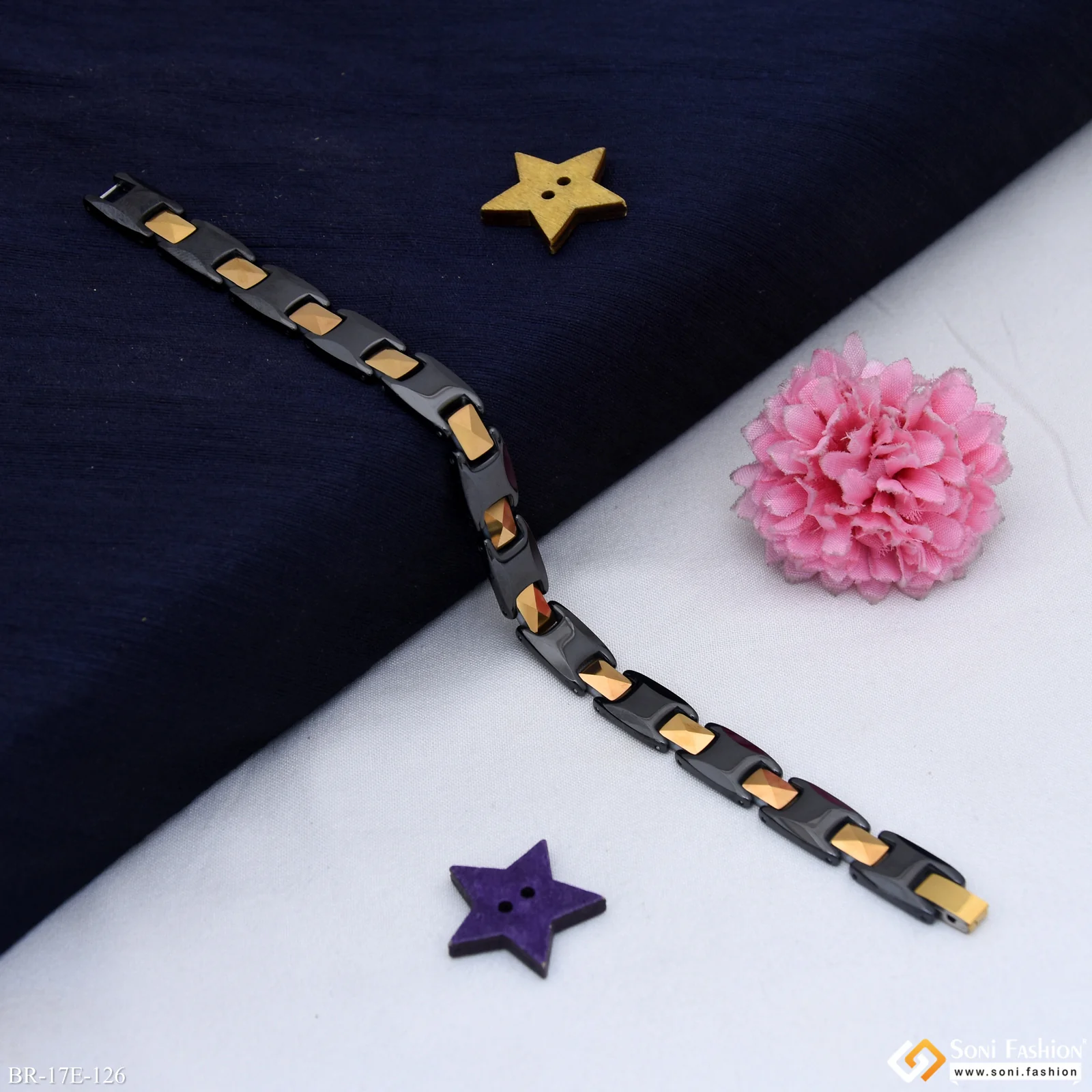 Artisanal Design Black & Golden Color Ceramic Bracelet for Men - Style E126 - Image 3