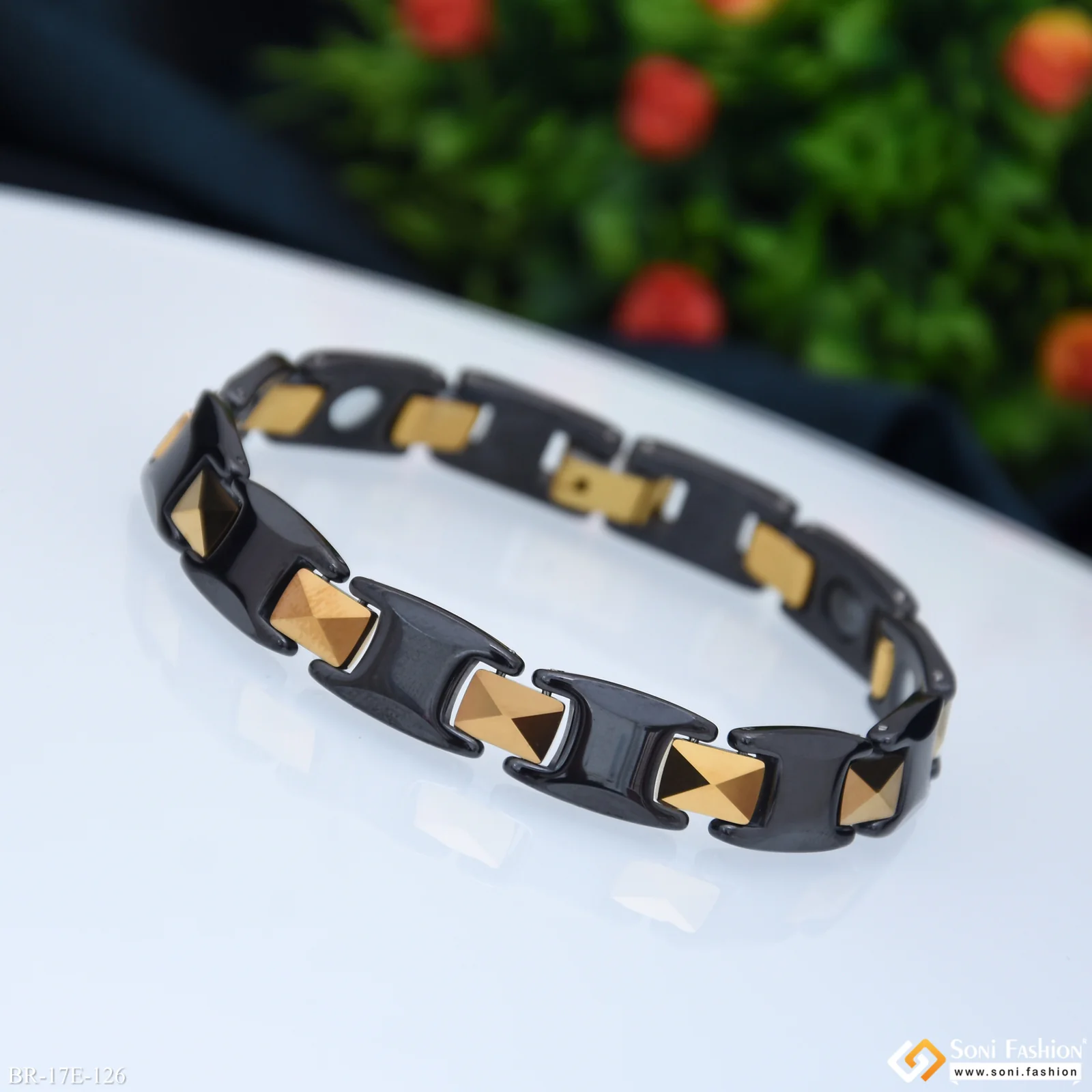 Artisanal Design Black & Golden Color Ceramic Bracelet for Men - Style E126 - Image 4