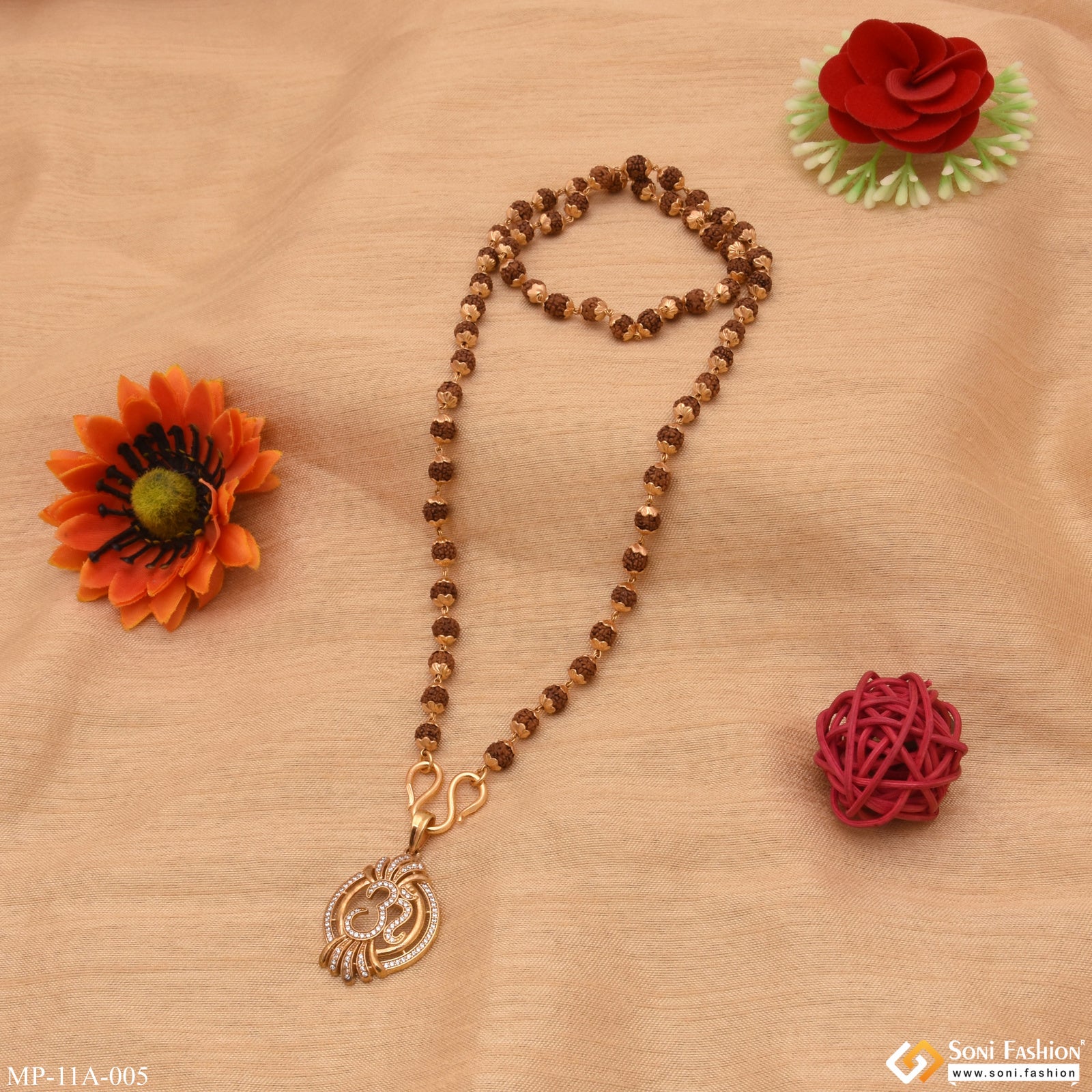 Om Artisanal Design Gold Plated Rudraksha Mala With Pendant For Men - Style A005 - Image 3
