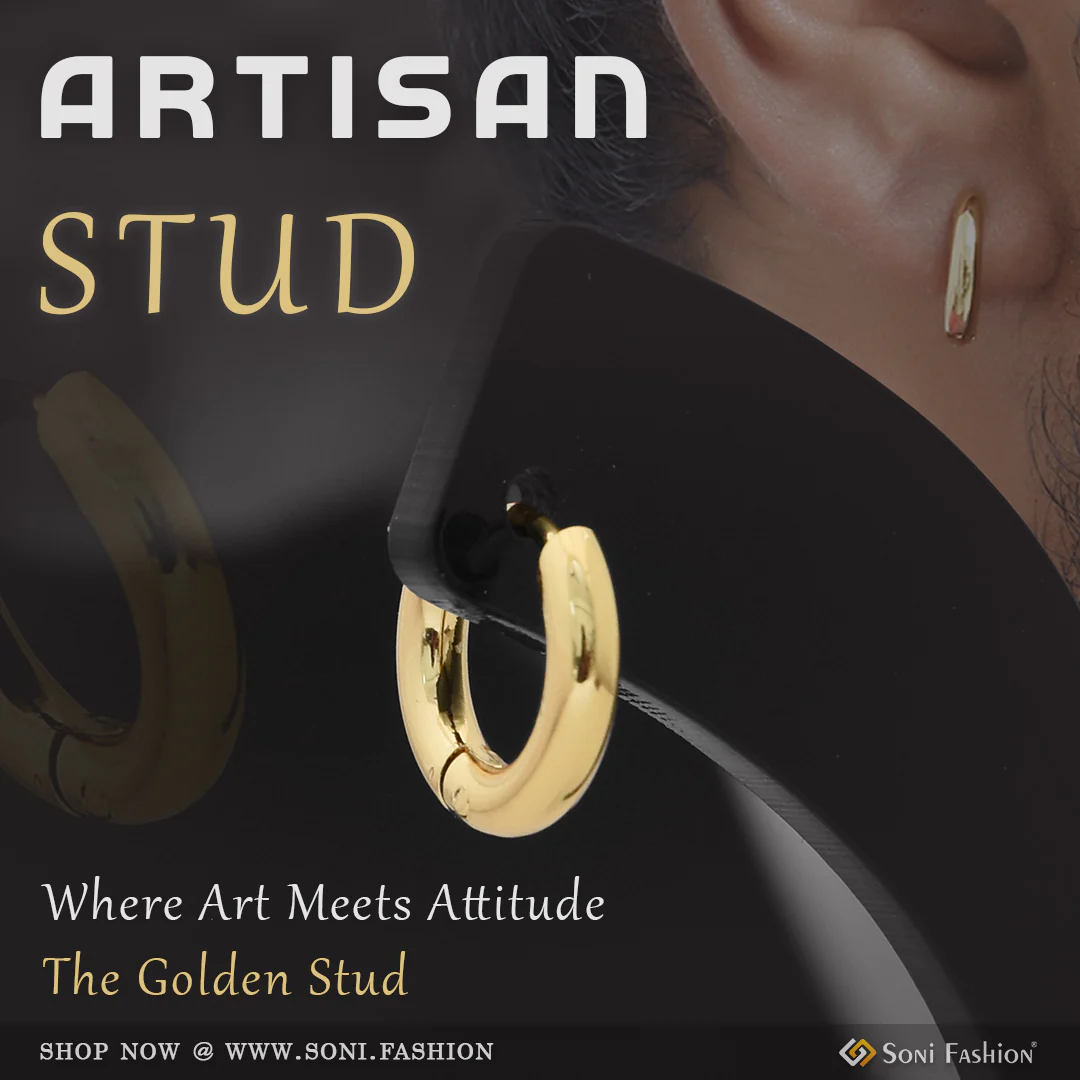 Artisanal Design Golden Color Stud Earring for Men (2 Pc) - Style A091