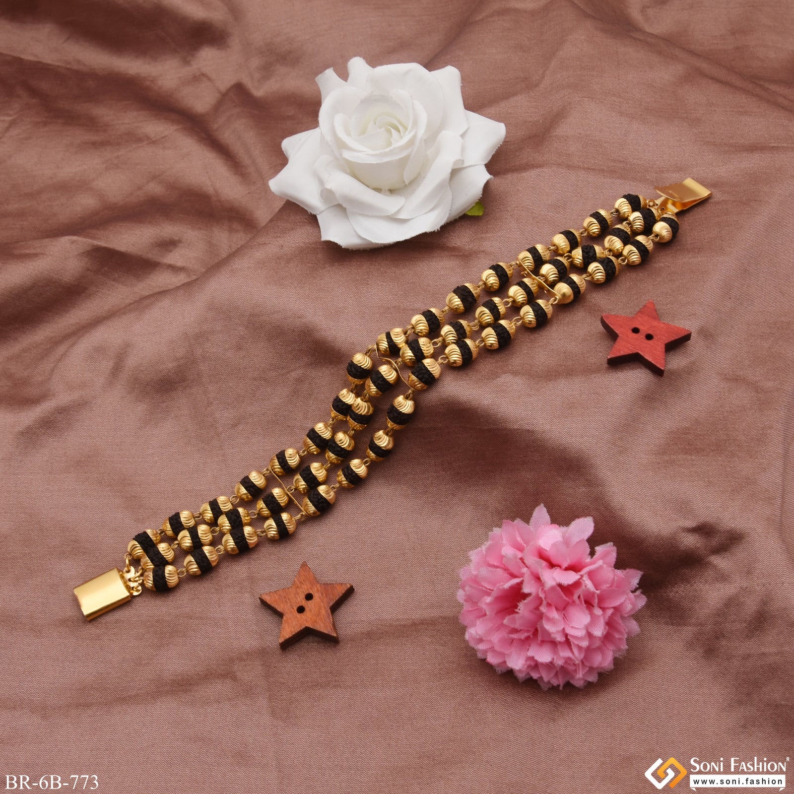 Attention-Getting Design 3 Line Gold Plated Rudraksha Bracelet for Men - Style B773 - Image 6