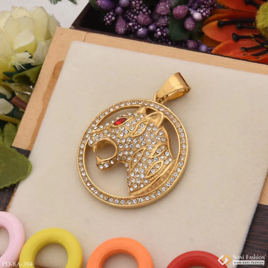 Attractive Jaguar Face With Diamonds In Round Pendant - Gold Plated - Style A394 - Image 2