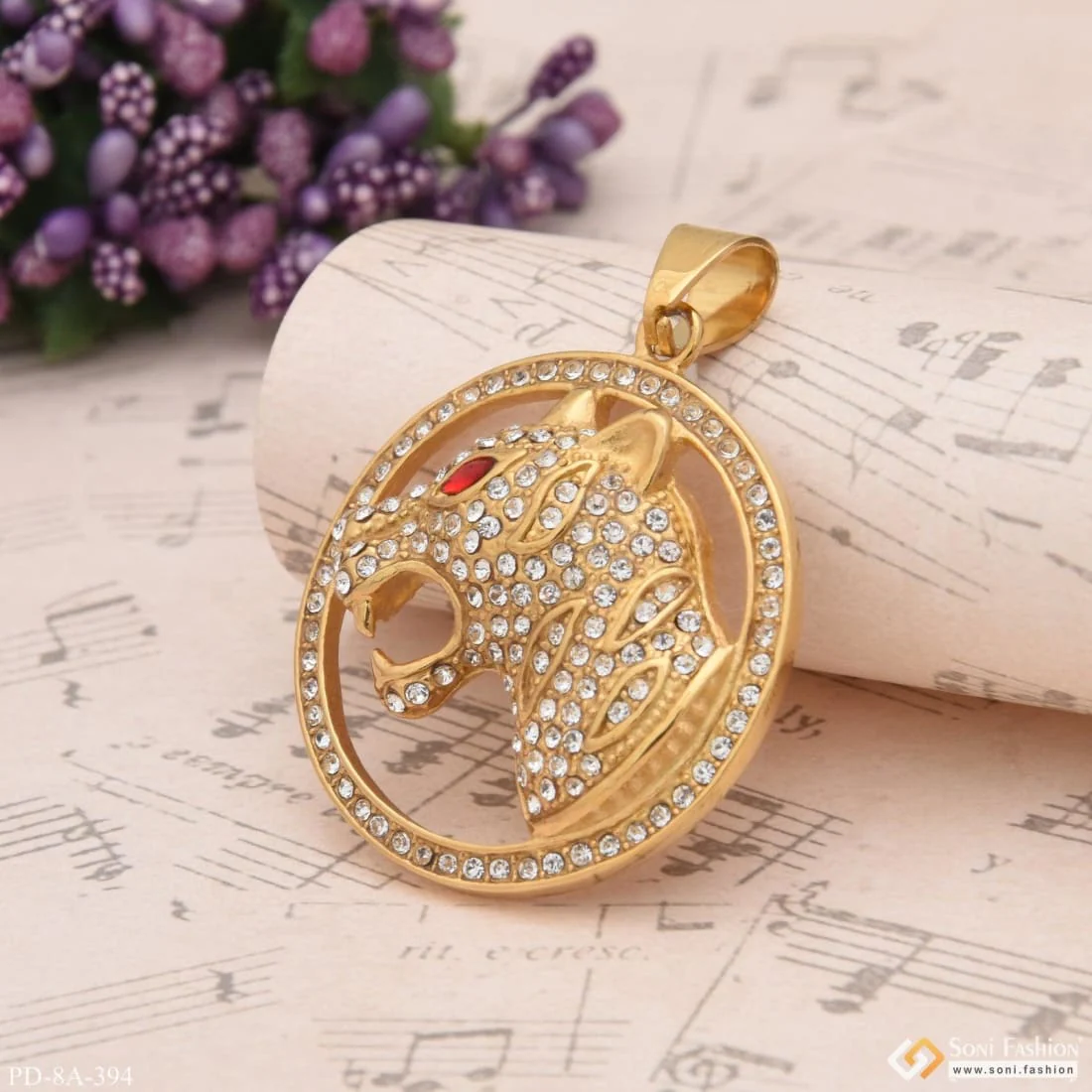 Attractive Jaguar Face With Diamonds In Round Pendant - Gold Plated - Style A394 - Image 4