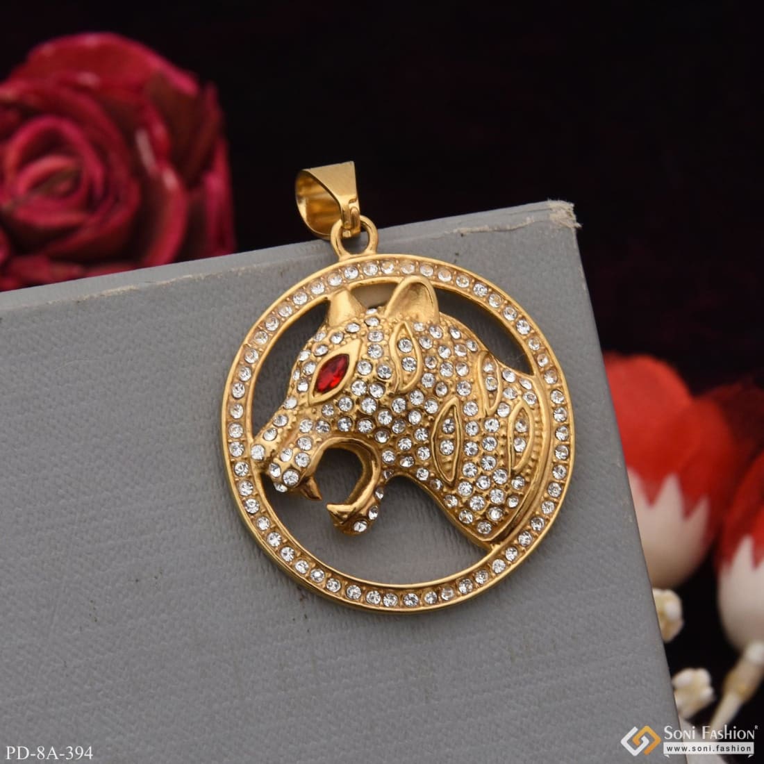 Attractive Jaguar Face With Diamonds In Round Pendant - Gold Plated - Style A394 - Image 5