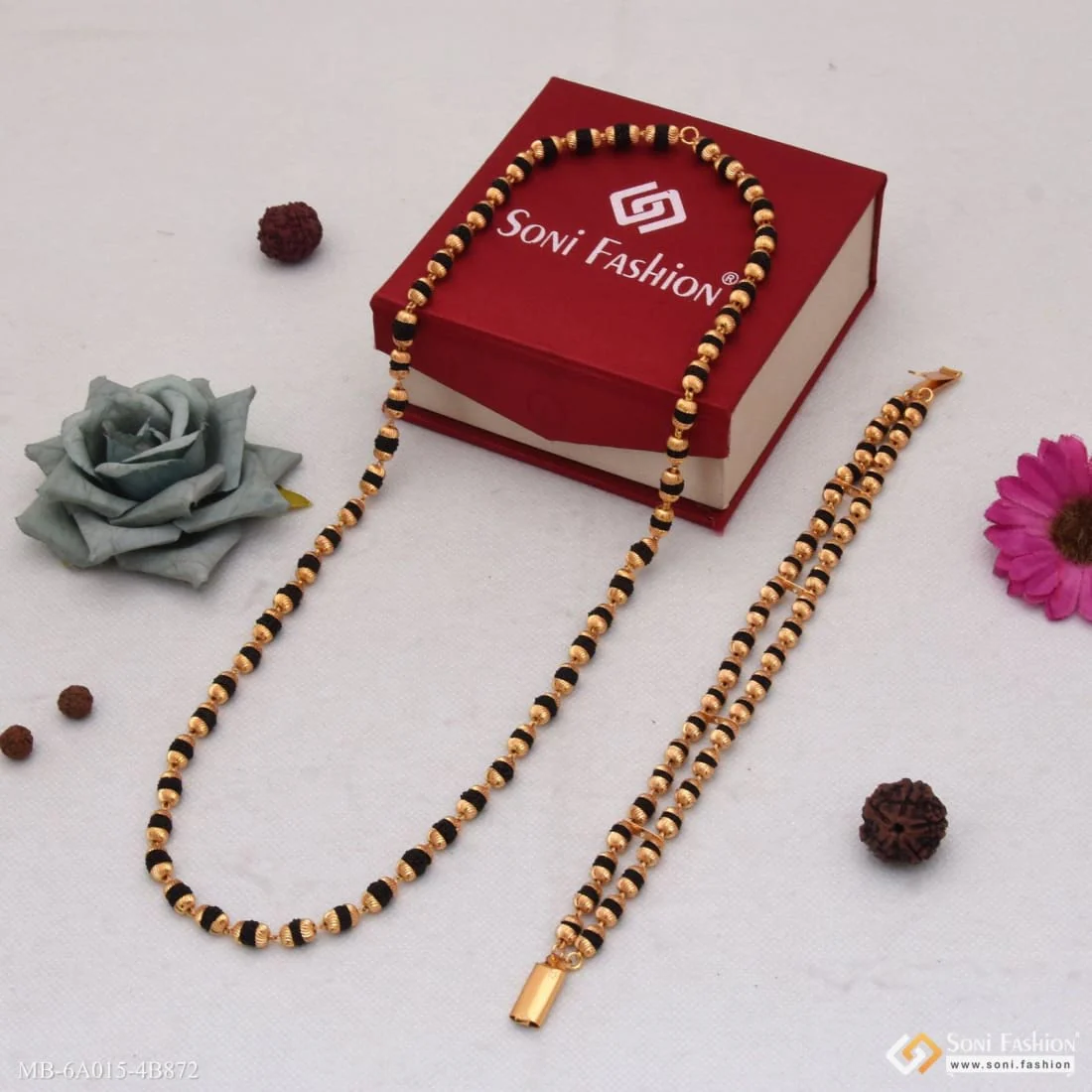 Best Quality Gold Plated Rudraksha Mala with 2 Line Bracelet Combo (MB-A015-B872) - Image 4