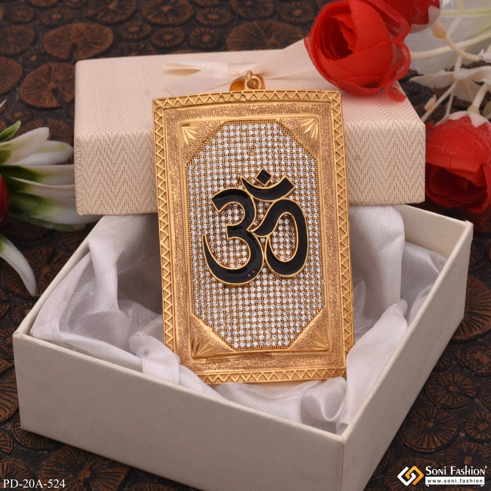 Big Black OM in Diamonds Rectangle Gold Plated Pendant For Men - Style A524 - Image 3