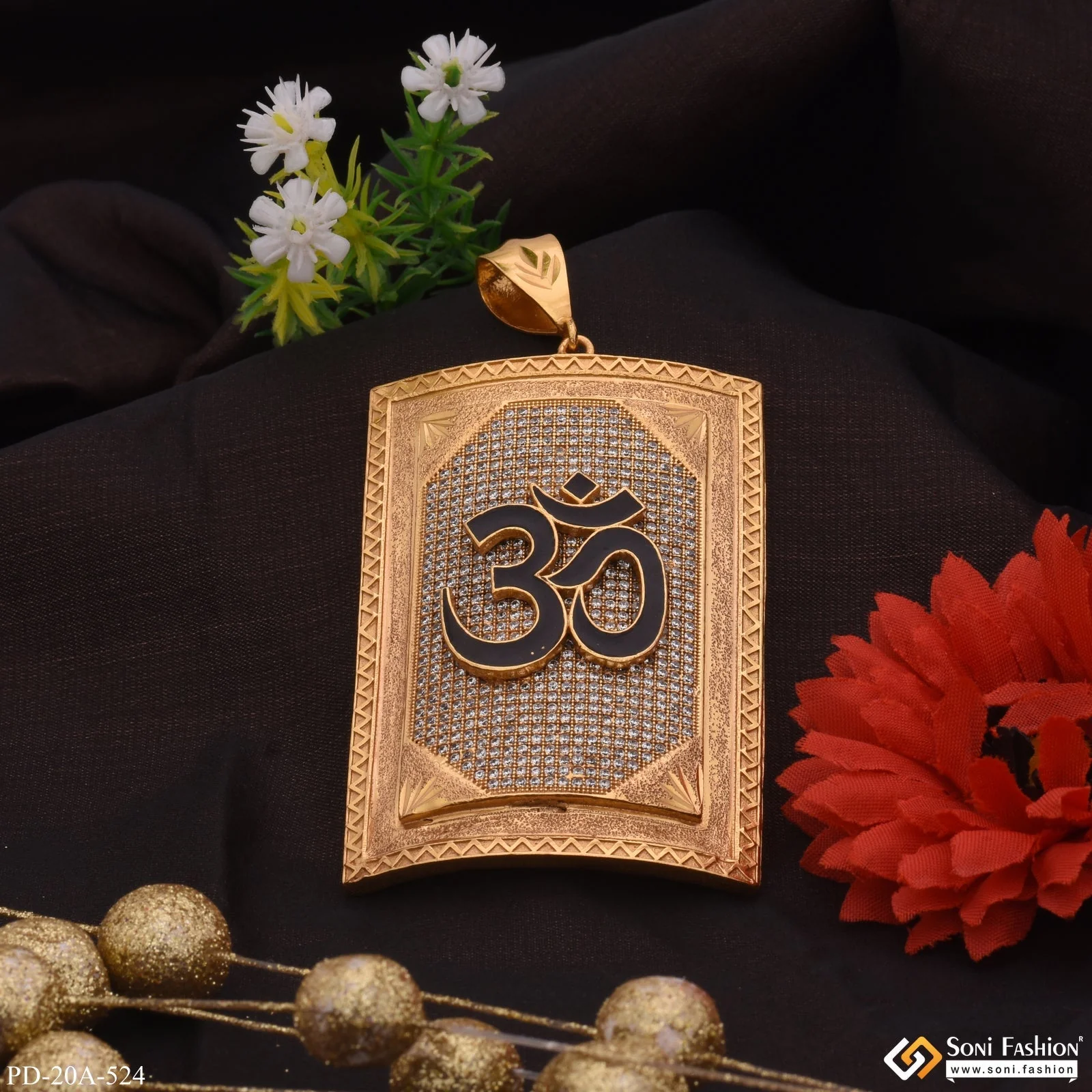 Big Black OM in Diamonds Rectangle Gold Plated Pendant For Men - Style A524 - Image 4