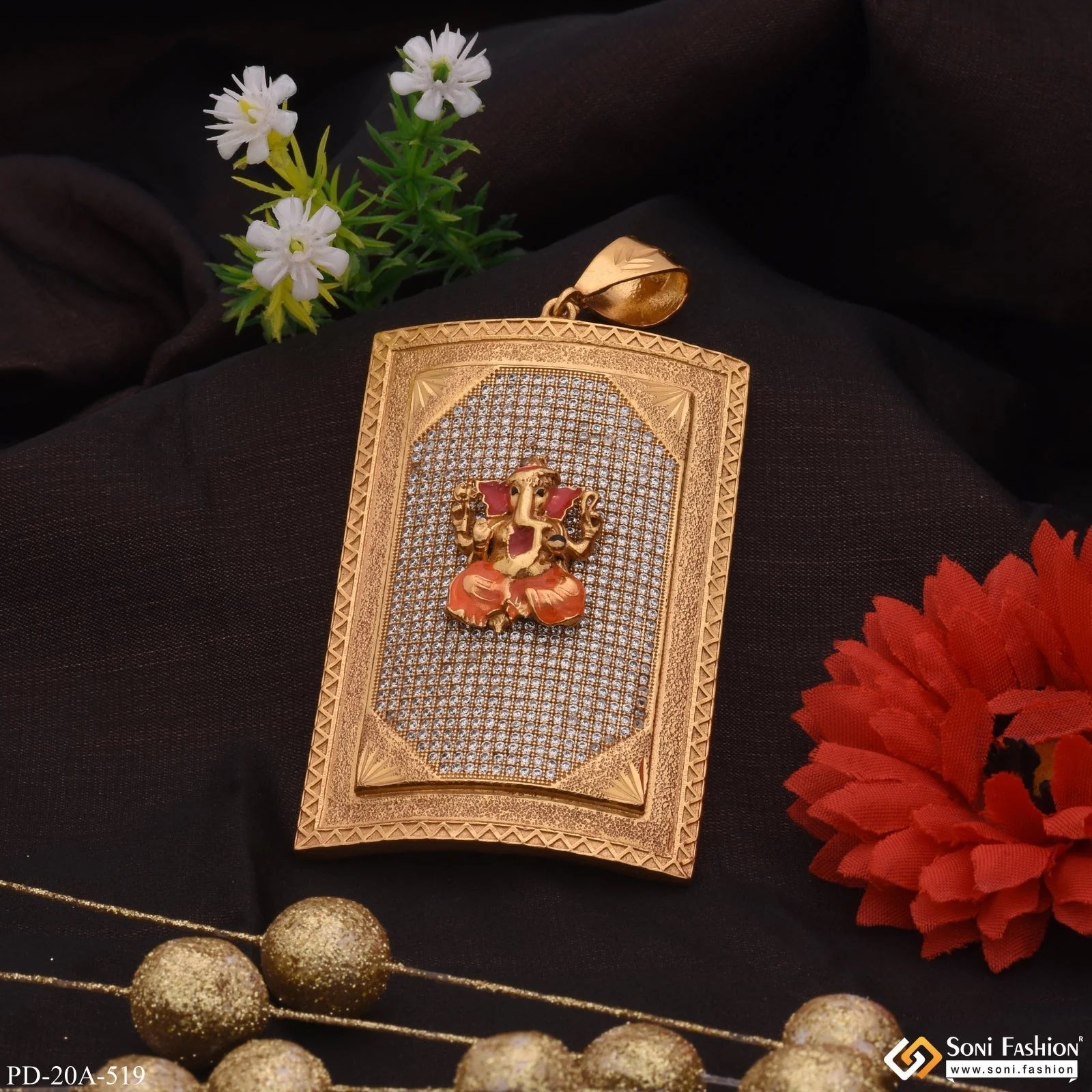 Big Ganesha in Diamonds Rectangle Gold Plated Pendant For Men - Style A519 - Image 4