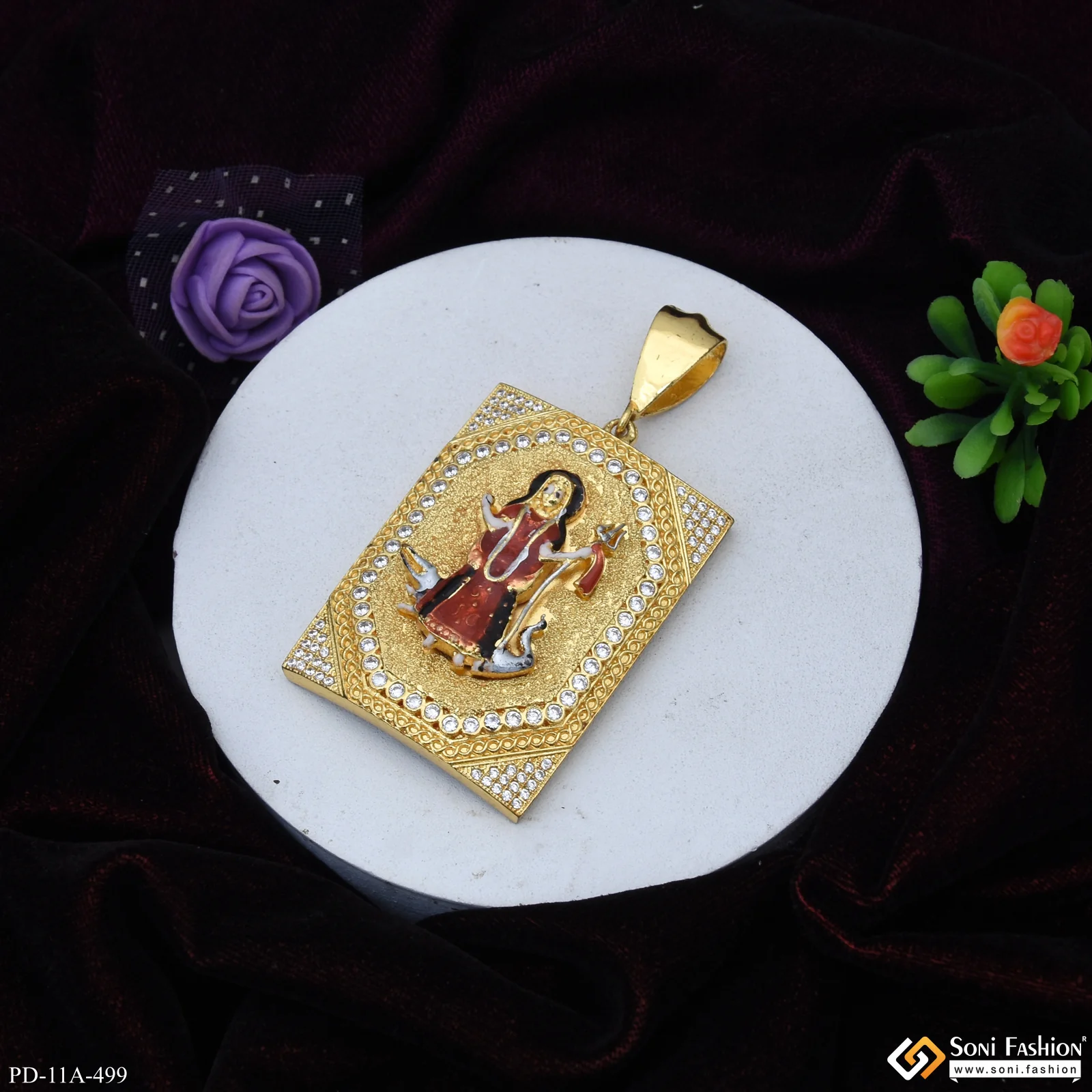Big Khodiyar Maa In Diamonds Rectangle Gold Plated Pendant For Men - Style A499
