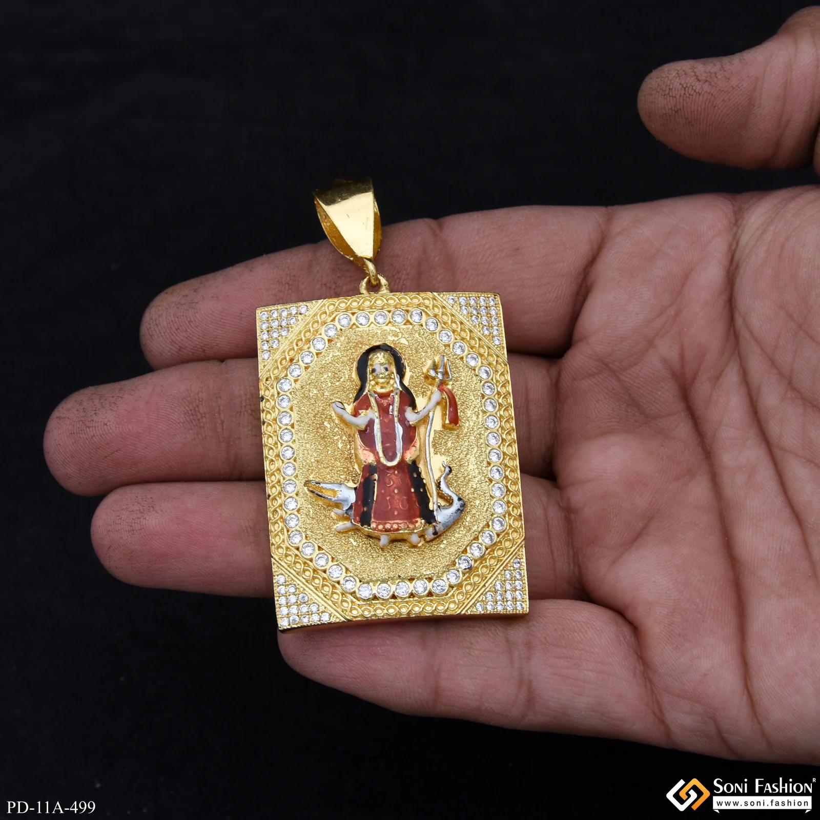 Big Khodiyar Maa In Diamonds Rectangle Gold Plated Pendant For Men - Style A499 - Image 2