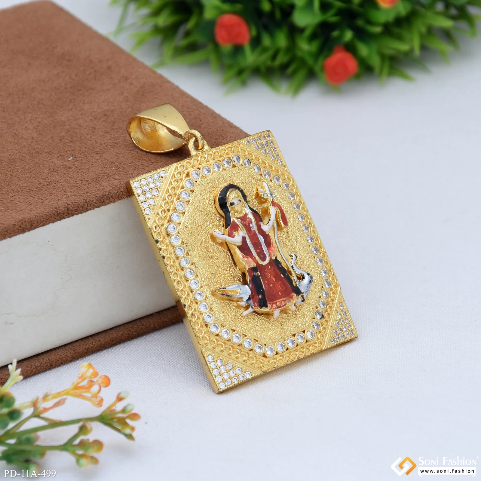 Big Khodiyar Maa In Diamonds Rectangle Gold Plated Pendant For Men - Style A499 - Image 3