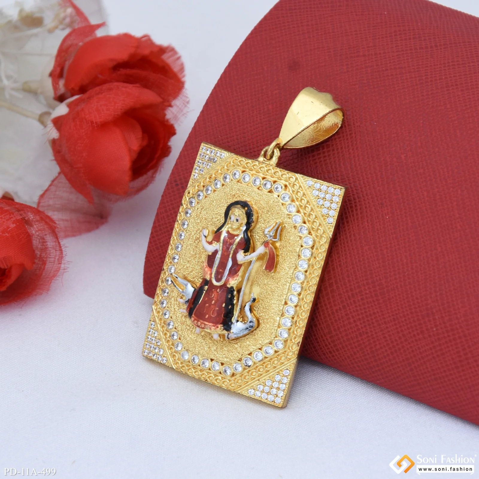 Big Khodiyar Maa In Diamonds Rectangle Gold Plated Pendant For Men - Style A499 - Image 4