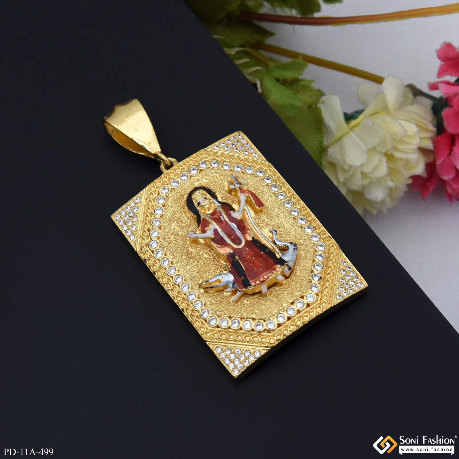 Big Khodiyar Maa In Diamonds Rectangle Gold Plated Pendant For Men - Style A499 - Image 5