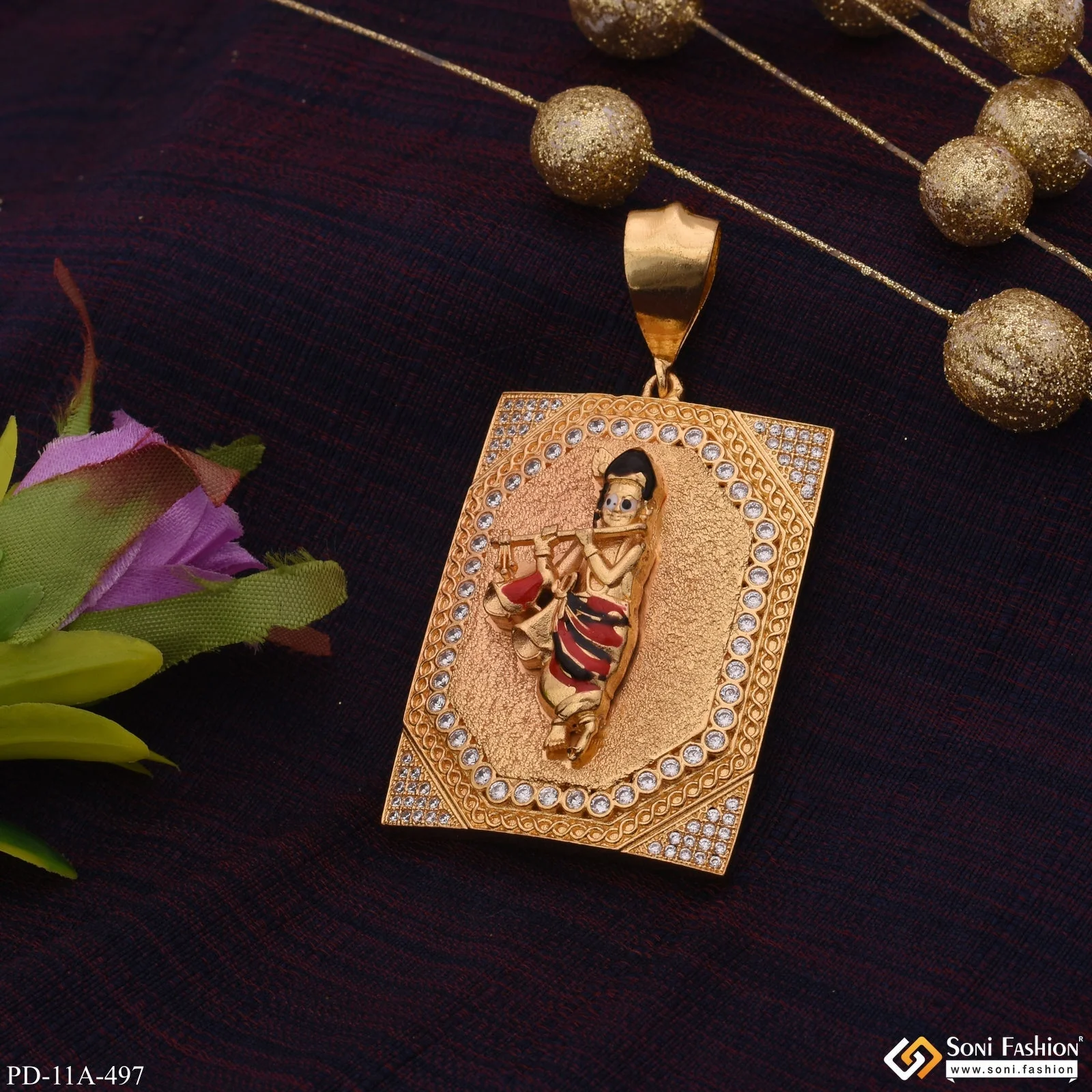 Big Krishna In Diamonds Rectangle Gold Plated Pendant For Men - Style A497 - Image 3