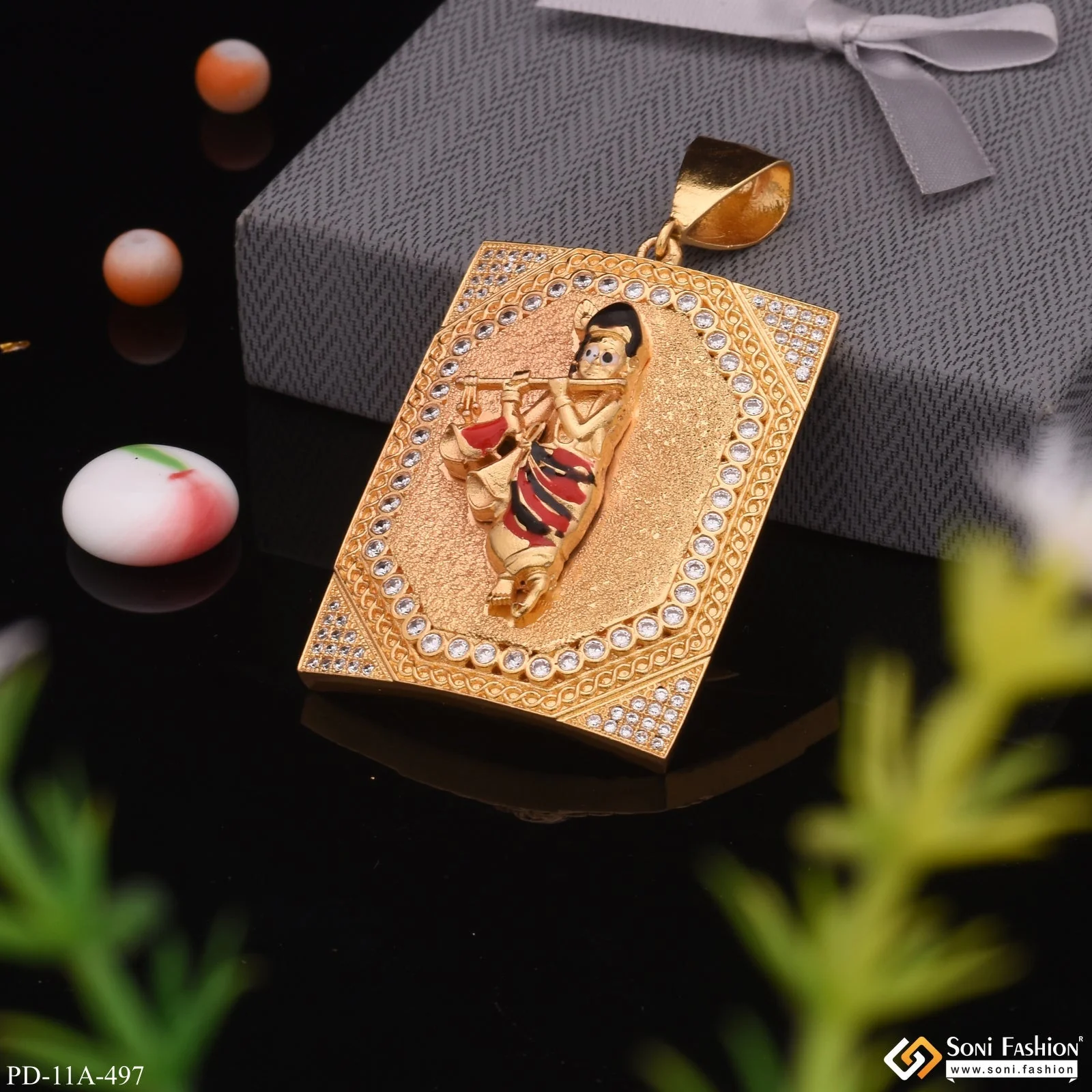 Big Krishna In Diamonds Rectangle Gold Plated Pendant For Men - Style A497 - Image 4