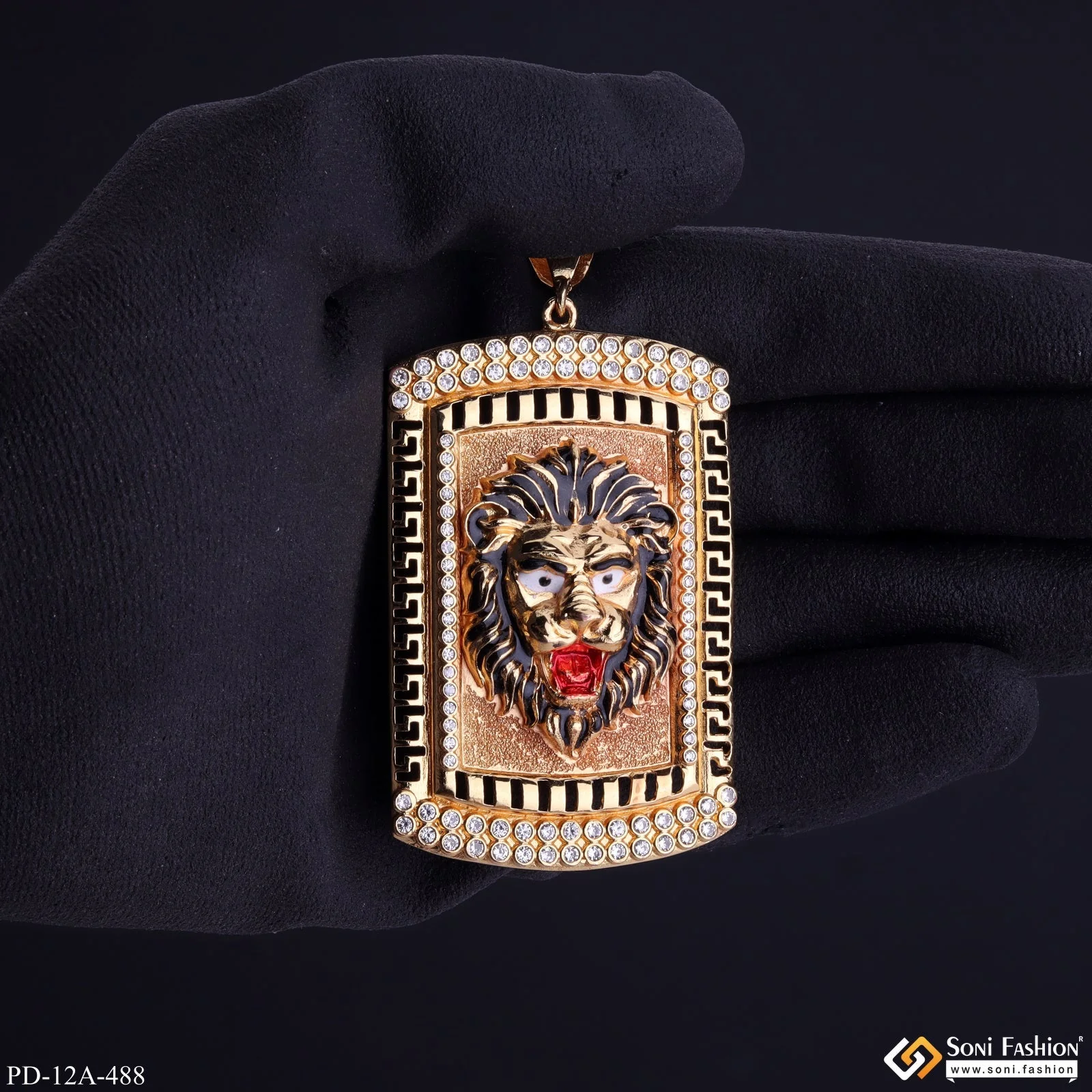 Big Lion Black Hair And Red Mouth Gold Plated Pendant With Diamond Texture Background - Style A488 - Image 2