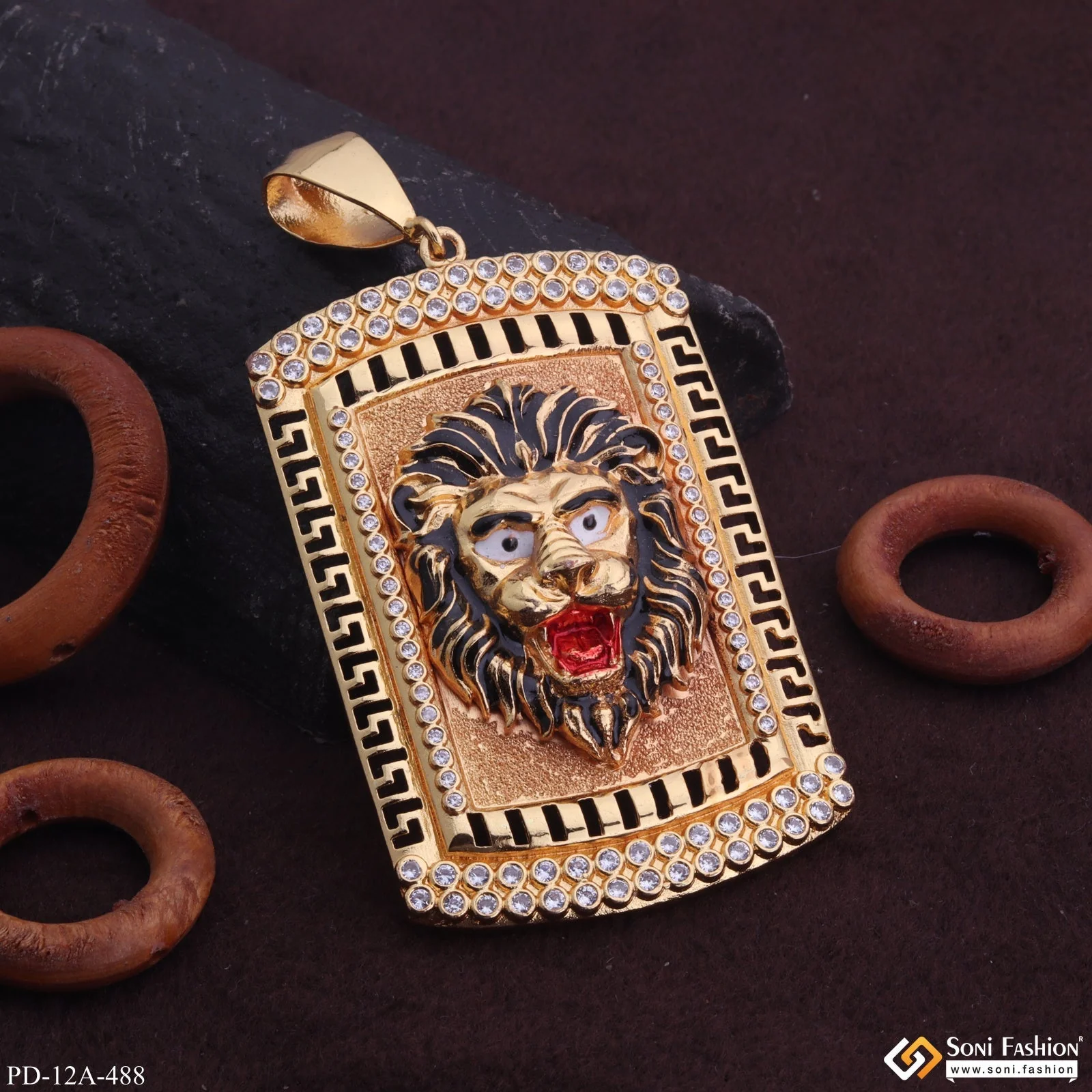 Big Lion Black Hair And Red Mouth Gold Plated Pendant With Diamond Texture Background - Style A488 - Image 3