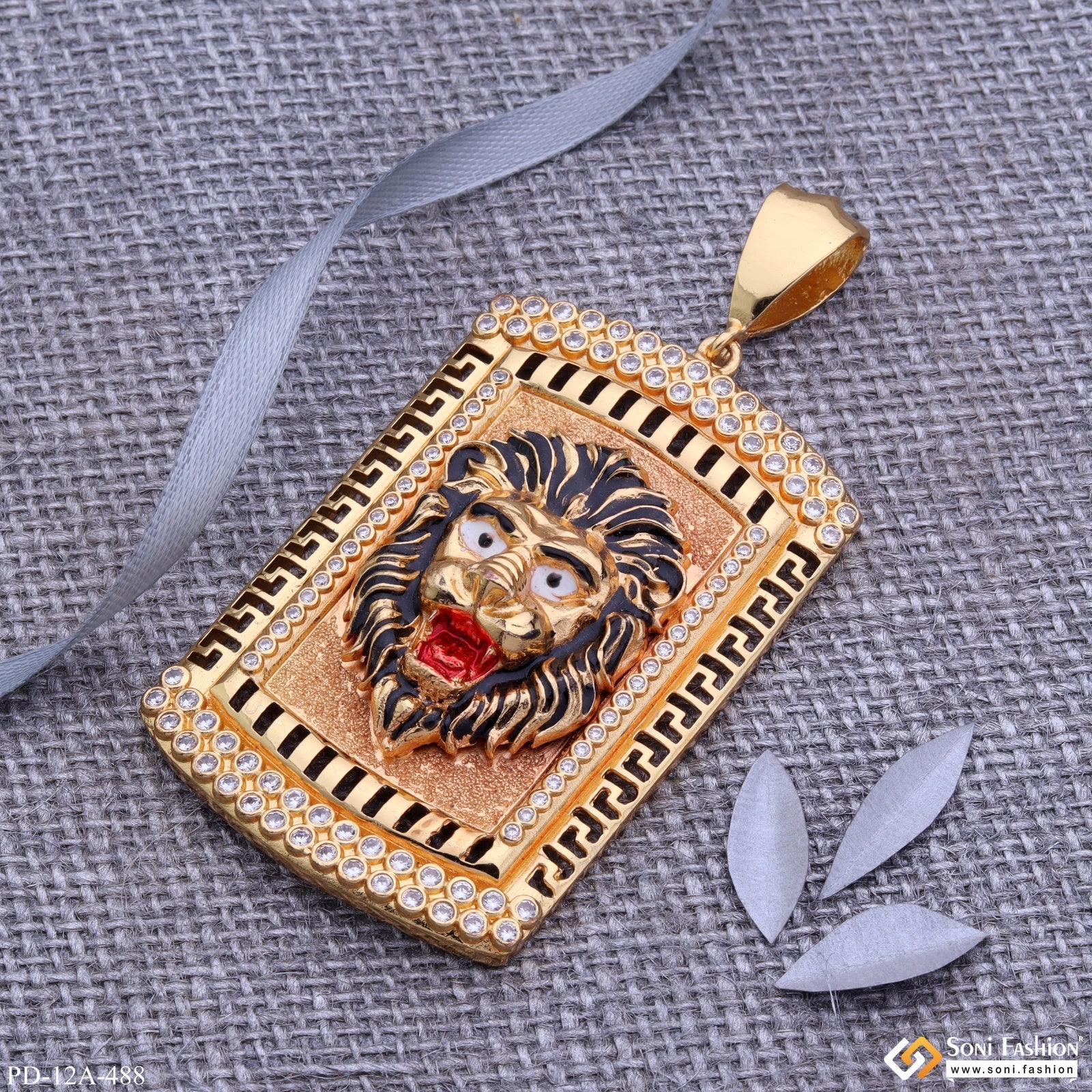 Big Lion Black Hair And Red Mouth Gold Plated Pendant With Diamond Texture Background - Style A488 - Image 4