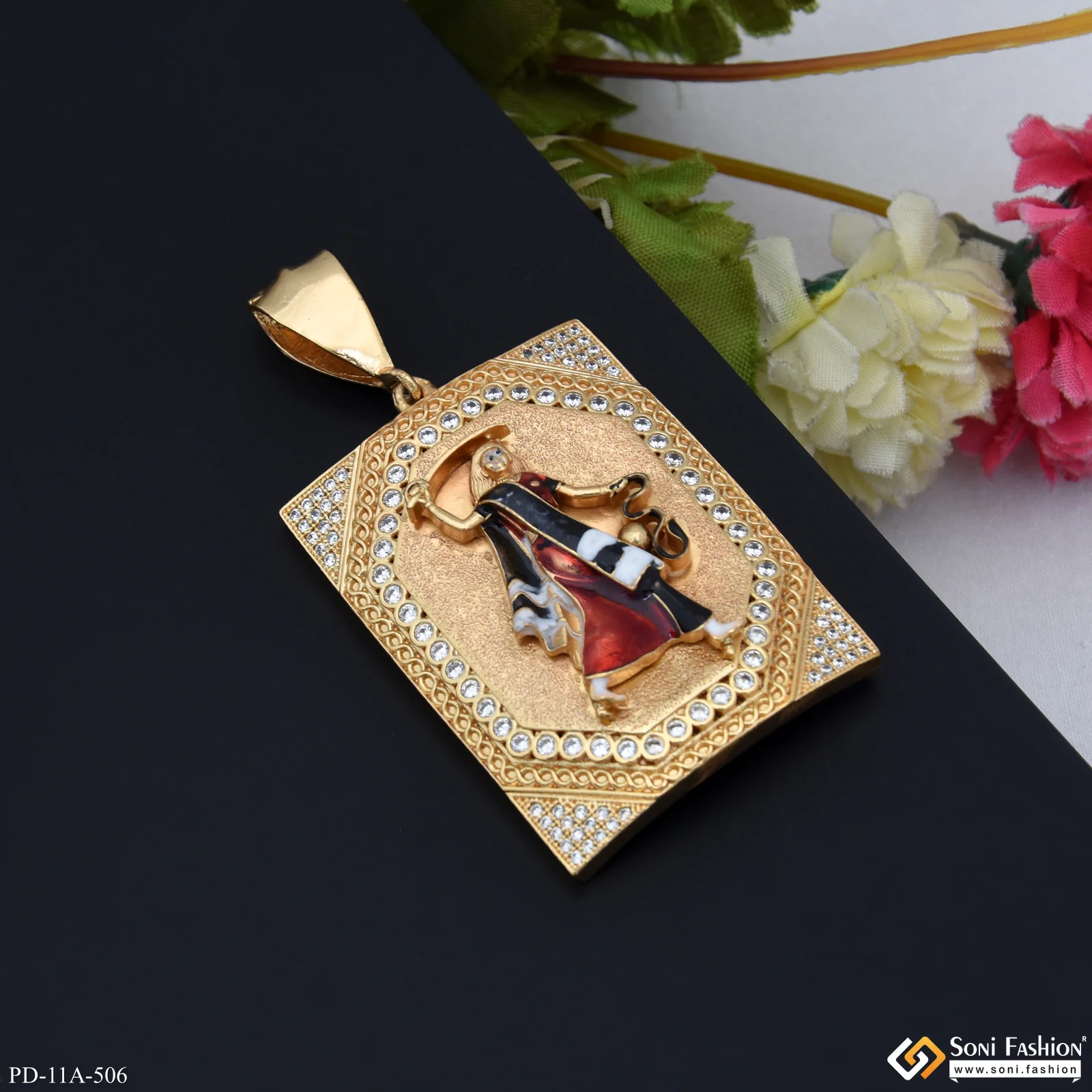 Big Mogal Maa In Diamonds Rectangle Gold Plated Pendant For Men - Style A506 - Image 4