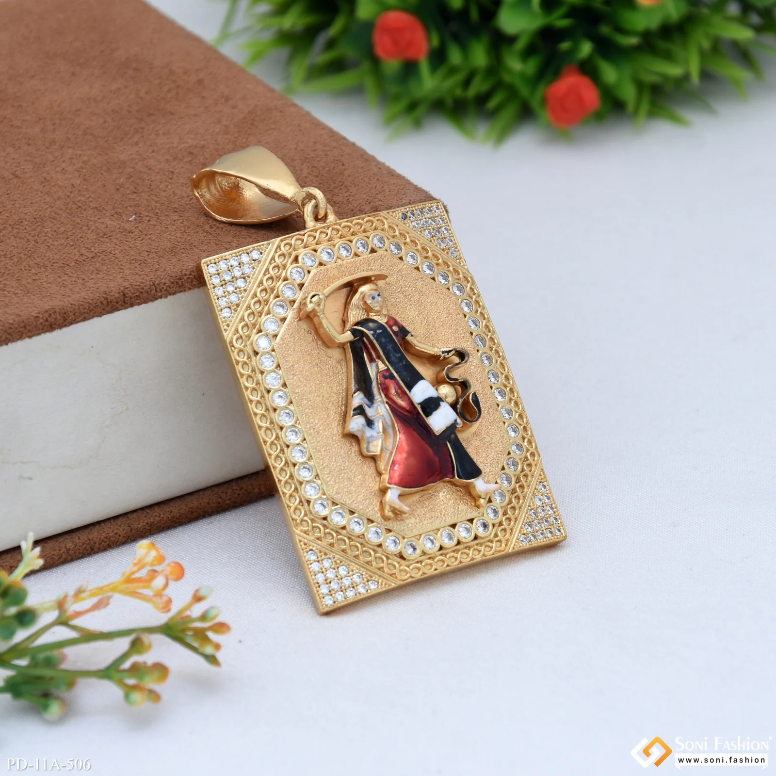 Big Mogal Maa In Diamonds Rectangle Gold Plated Pendant For Men - Style A506 - Image 5