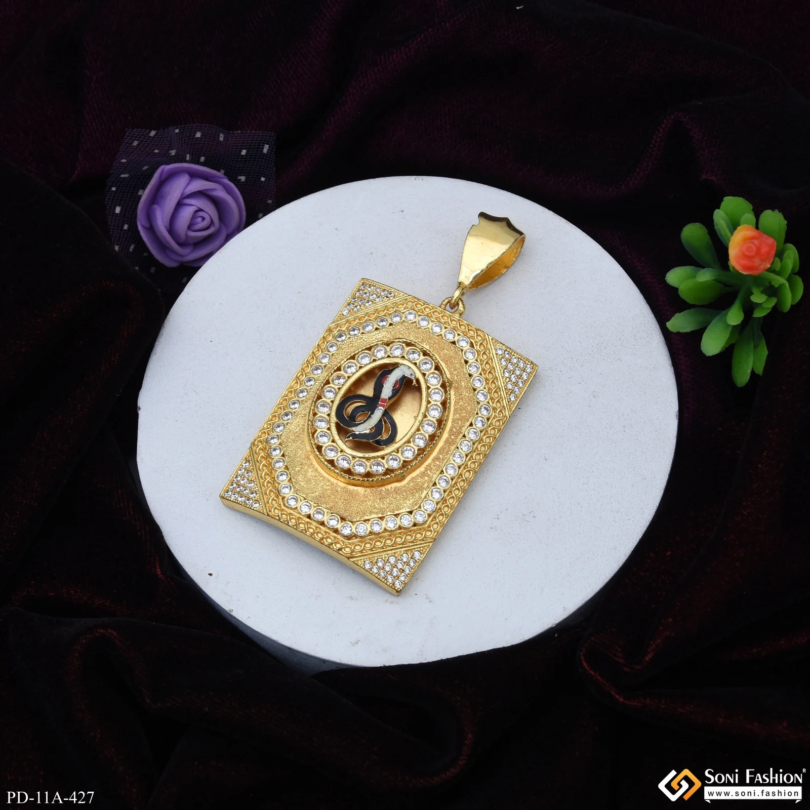 Big Size Goga Maharaj With Black Colors & Diamonds Rectangle Gold Plated Pendant - Style A427