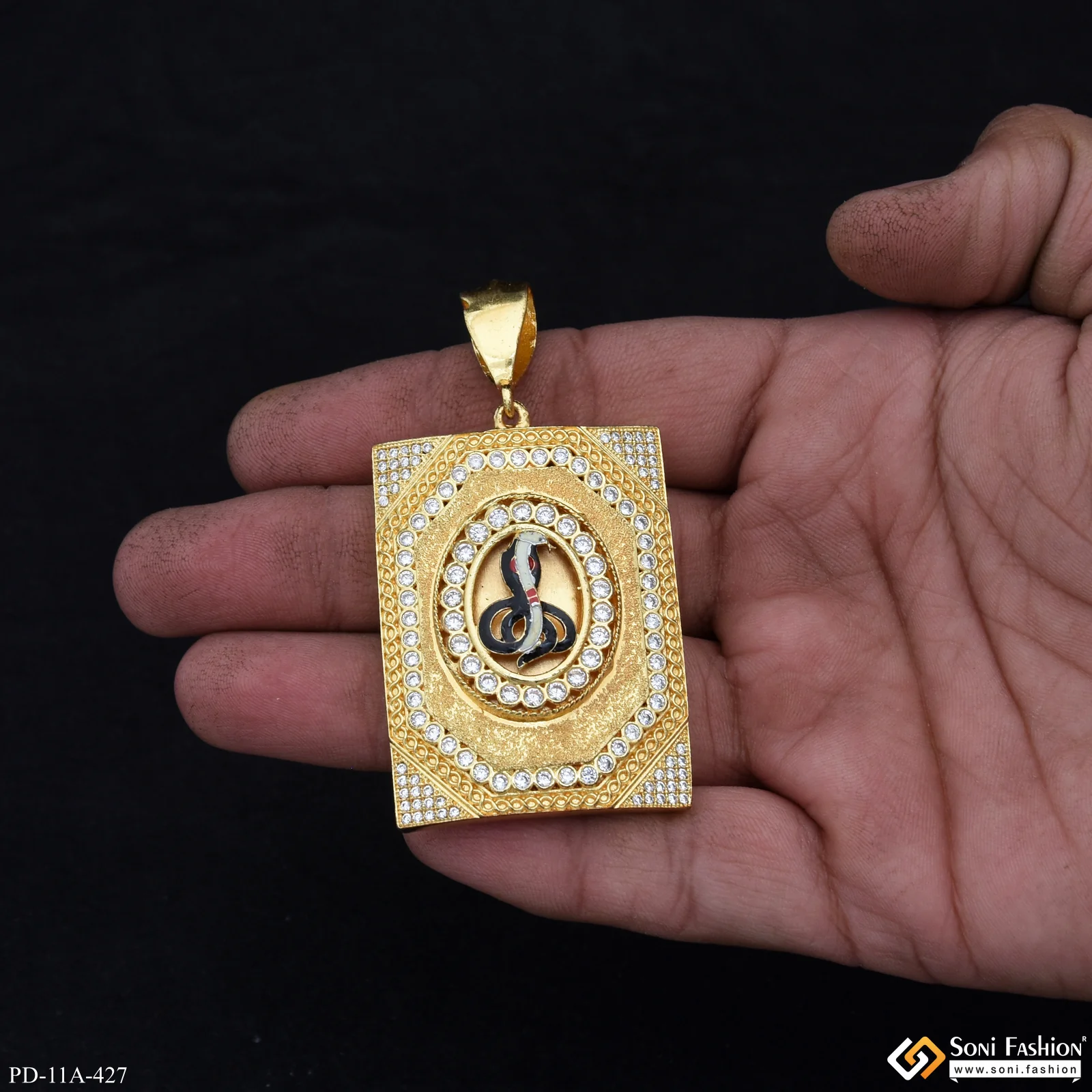 Big Size Goga Maharaj With Black Colors & Diamonds Rectangle Gold Plated Pendant - Style A427 - Image 2