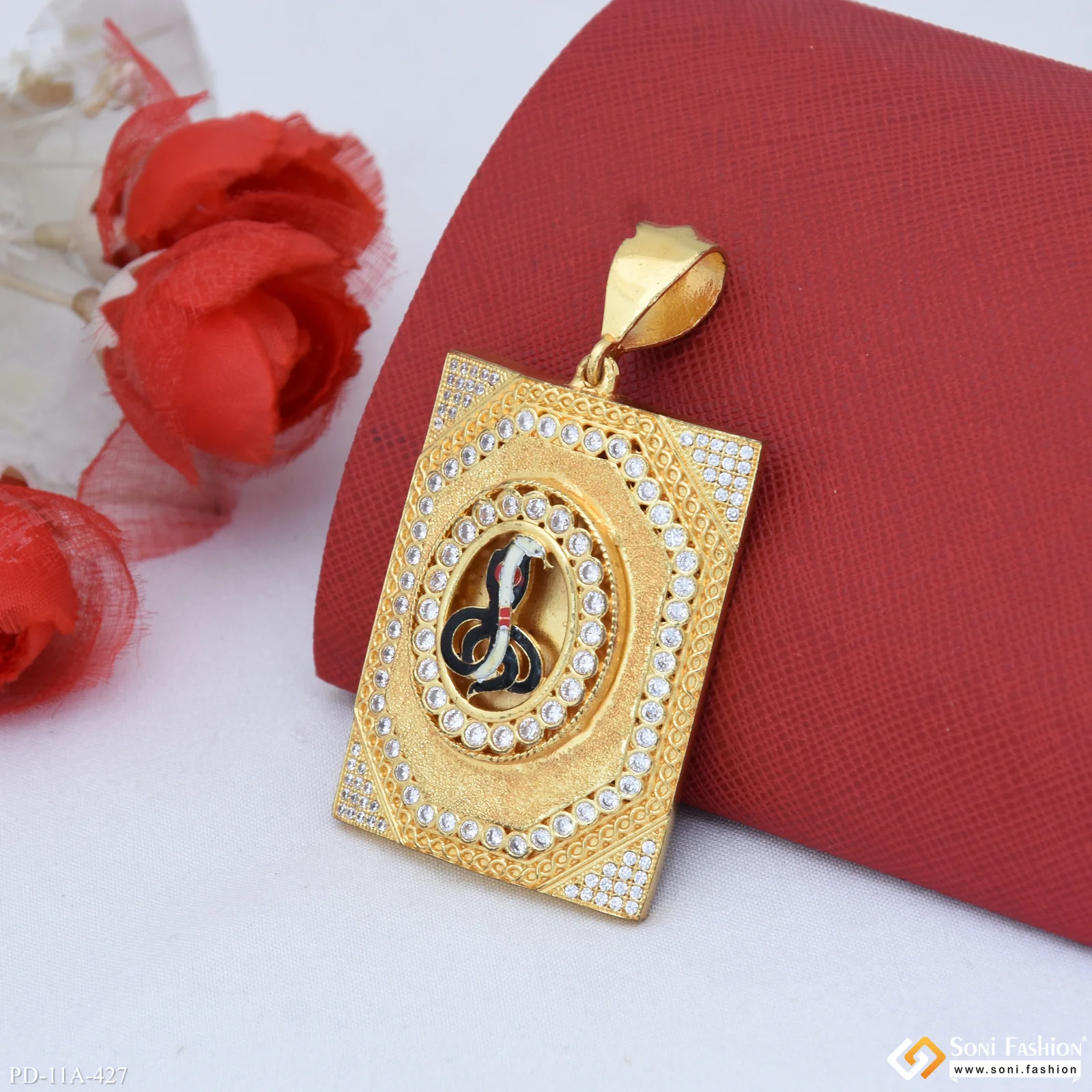Big Size Goga Maharaj With Black Colors & Diamonds Rectangle Gold Plated Pendant - Style A427 - Image 4