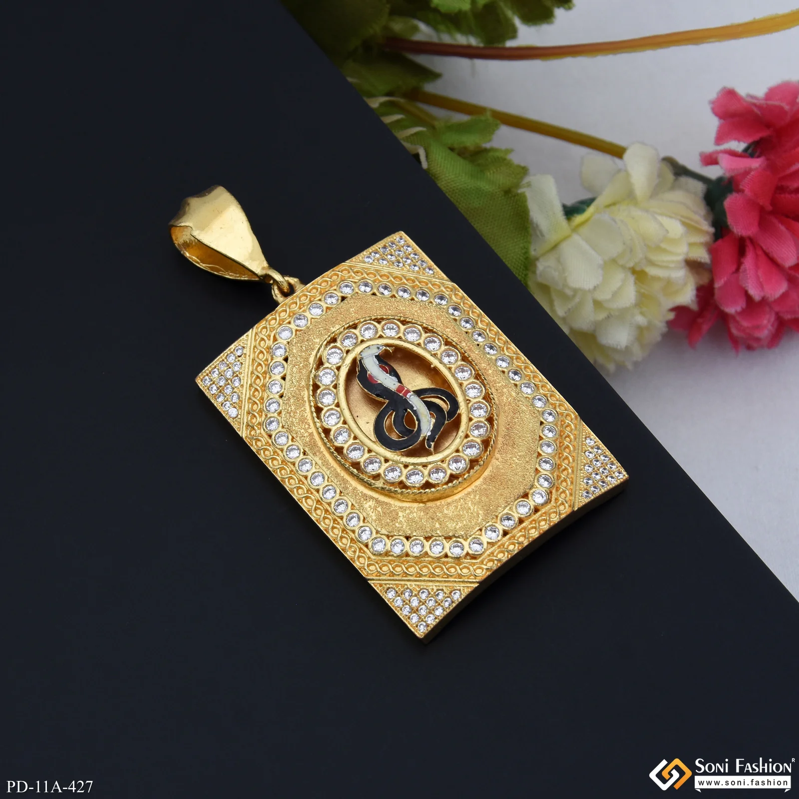 Big Size Goga Maharaj With Black Colors & Diamonds Rectangle Gold Plated Pendant - Style A427 - Image 5