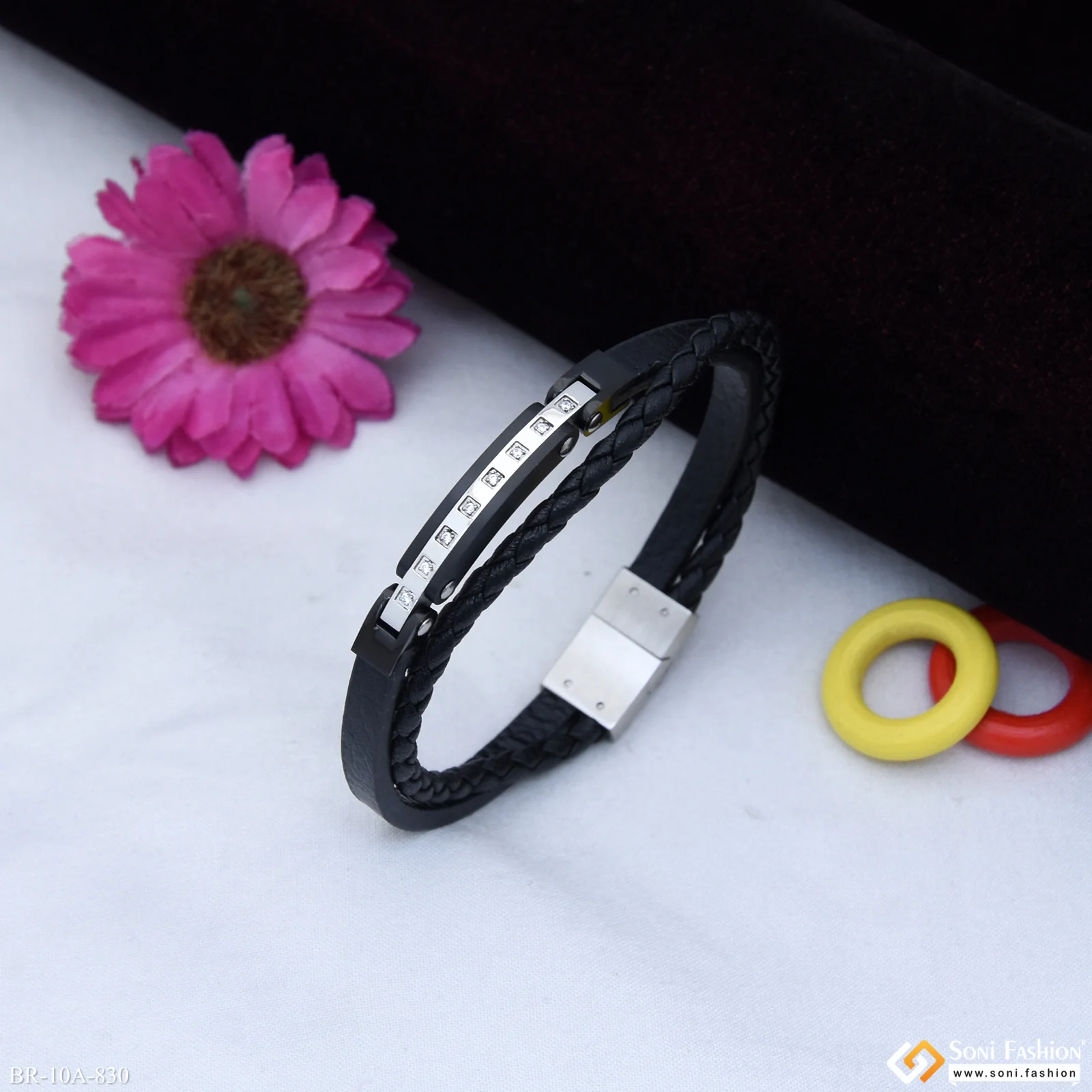 Black And Silver With Silver Line Diamonds Leather Braided Bracelet - Style A830 - Image 3