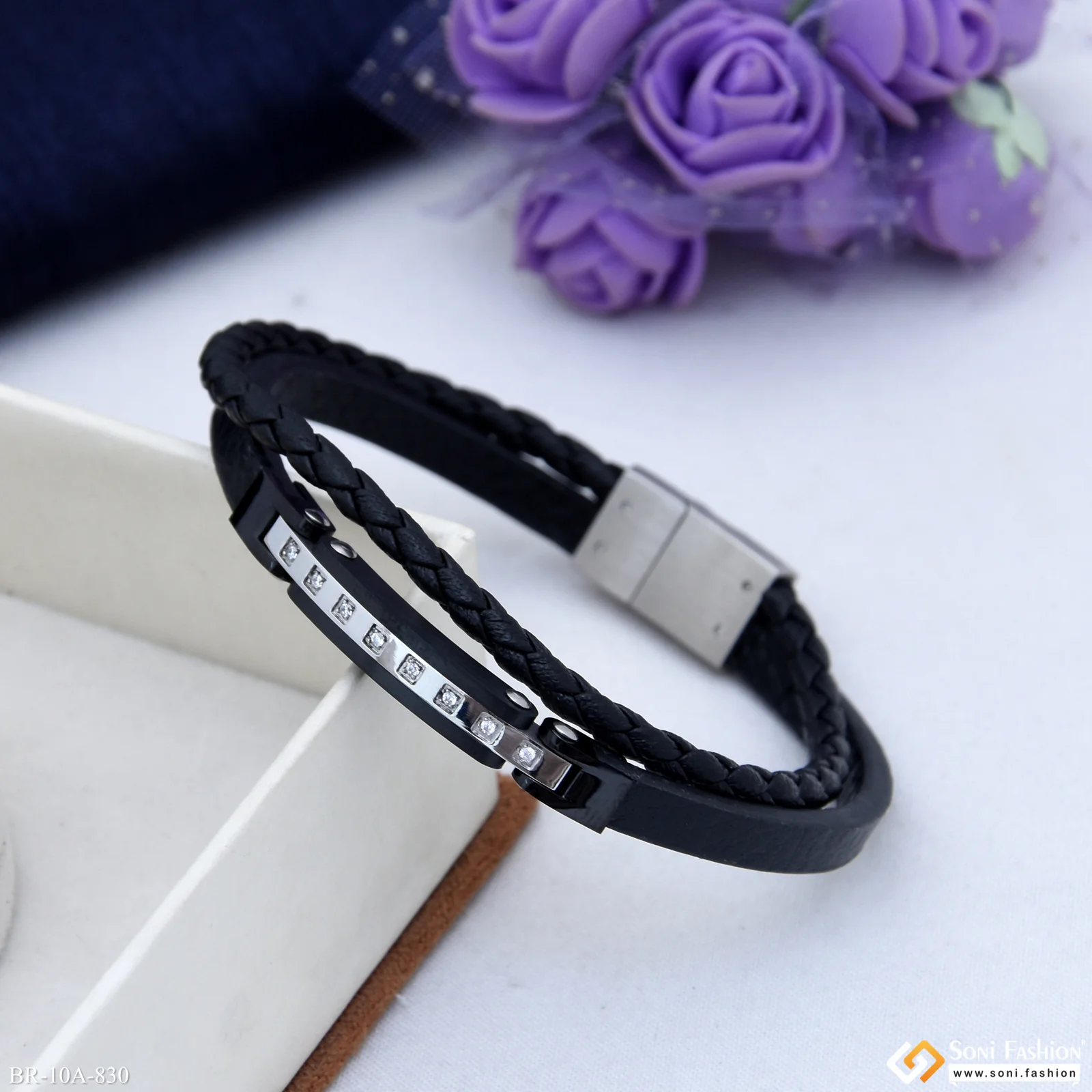 Black And Silver With Silver Line Diamonds Leather Braided Bracelet - Style A830 - Image 4