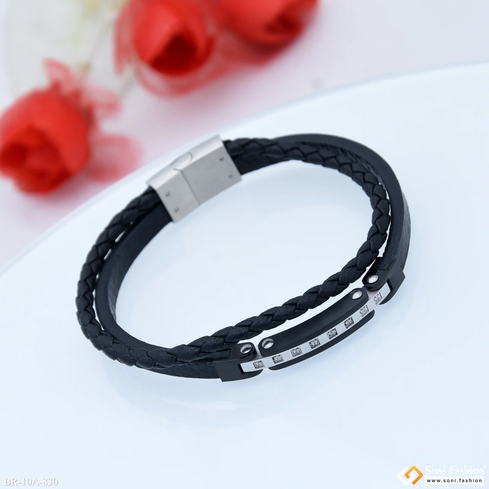 Black And Silver With Silver Line Diamonds Leather Braided Bracelet - Style A830 - Image 5