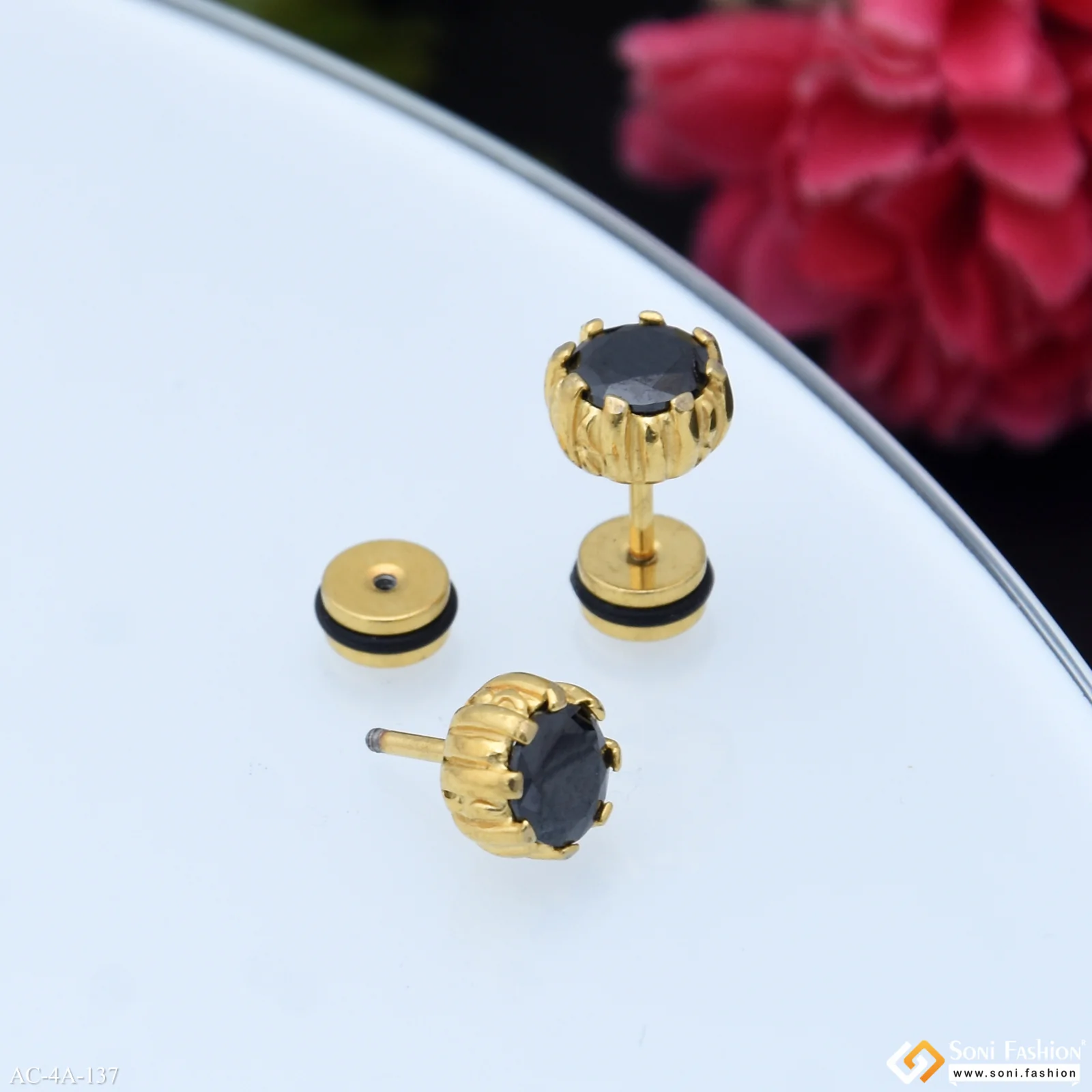 Black Diamond Golden Color Stud Earring for Men (2 Pc) - Style A137 - Image 3