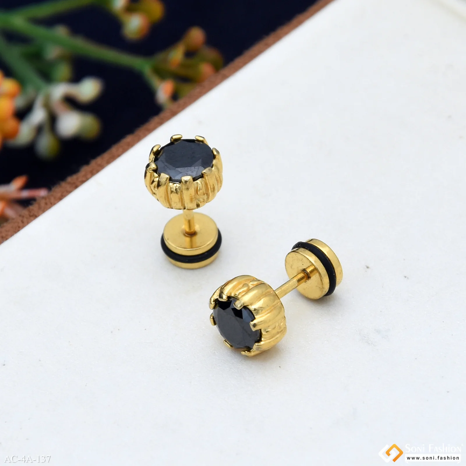 Black Diamond Golden Color Stud Earring for Men (2 Pc) - Style A137 - Image 4