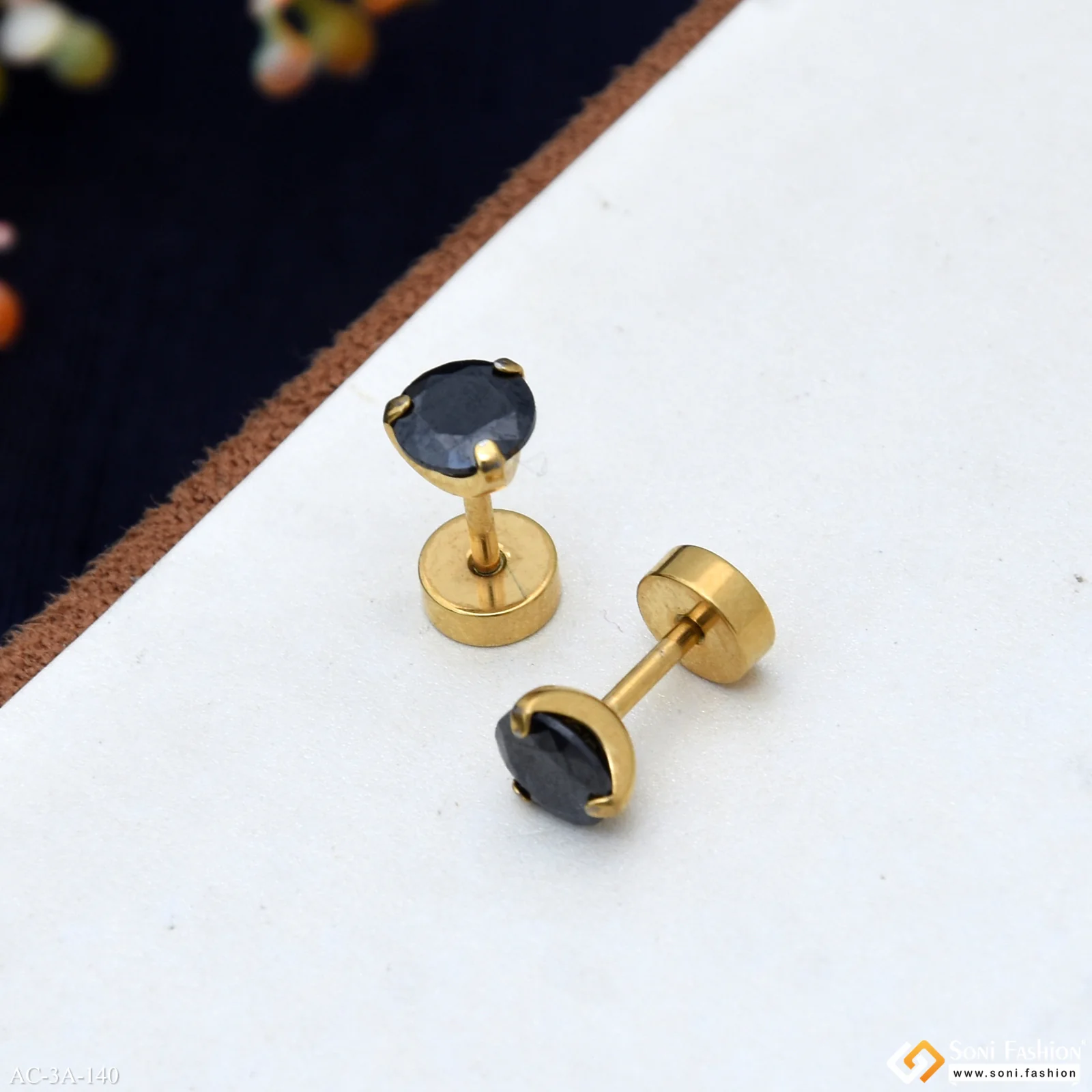 Black Diamond Golden Color Stud Earring for Men (2 Pc) - Style A140 - Image 4