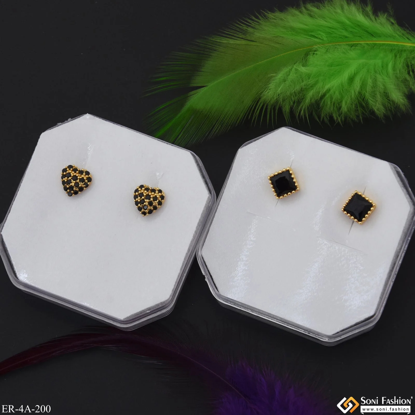 Black Diamonds Gold Plated Two Stud Earrings Set for Ladies - Style A200 - Image 2