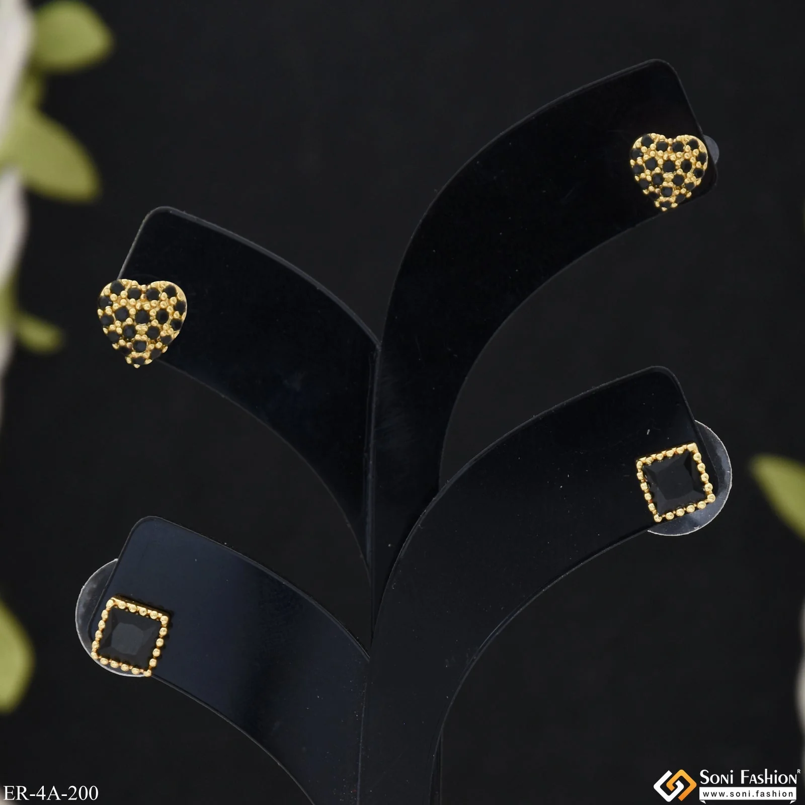 Black Diamonds Gold Plated Two Stud Earrings Set for Ladies - Style A200 - Image 5