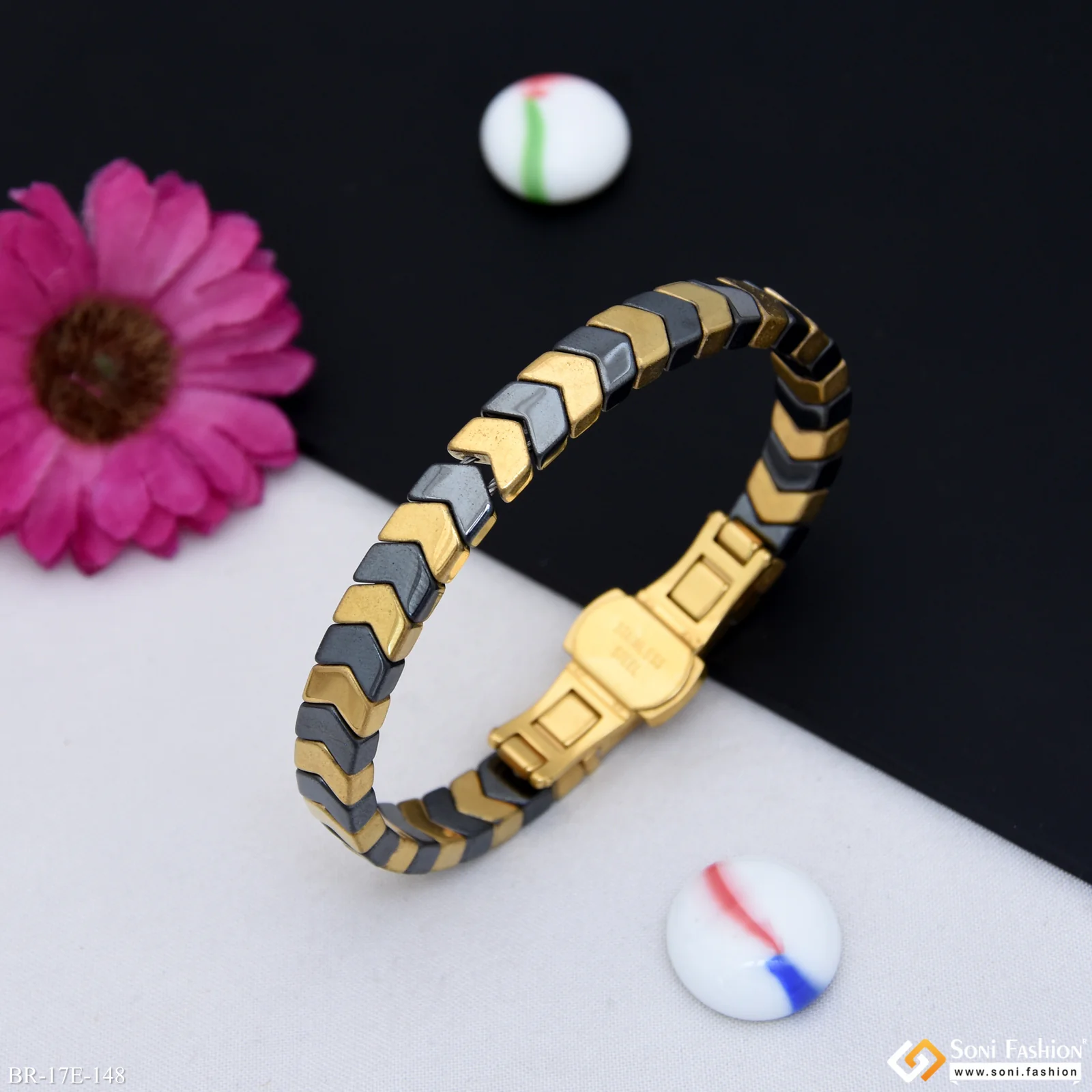 Black & Golden Color Ceramic Bracelet for Men - Style E148 - Image 3