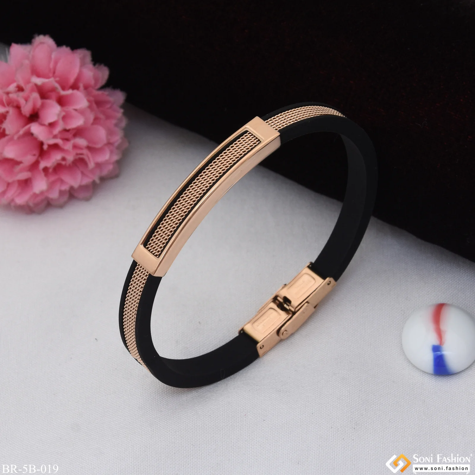 Black Rose Gold Rubber Superior Quality Sparkling Design Stainless Steel Bracelet - Style B019 - Image 5