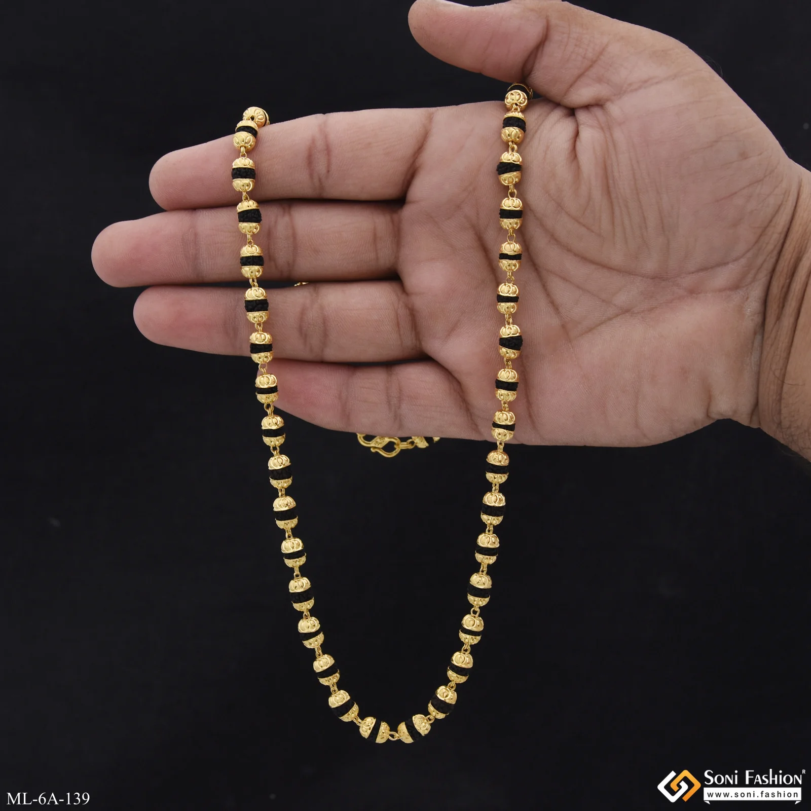 Black Sophisticated Design Gold Plated Rudraksha Mala For Men - Style A139 - Image 4