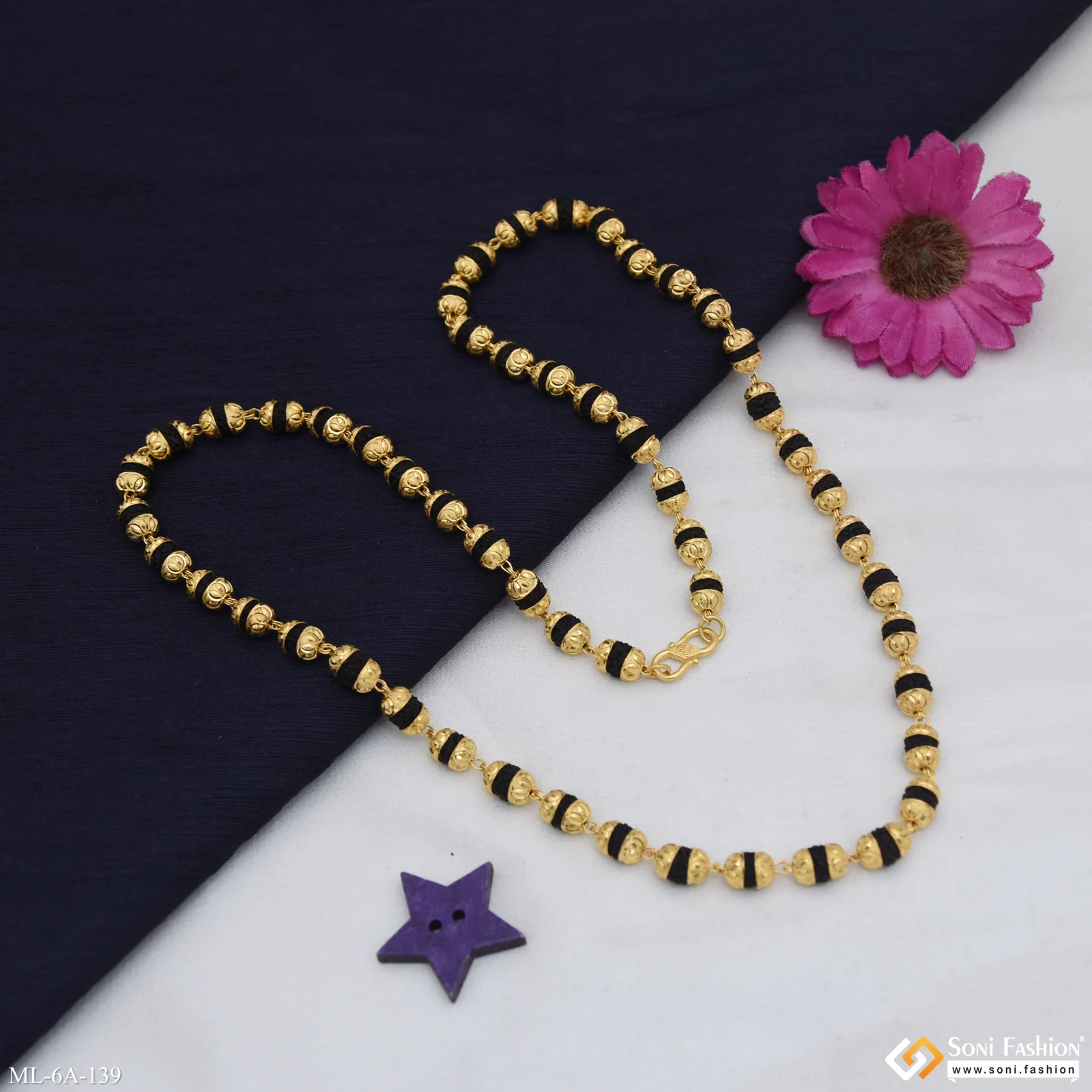 Black Sophisticated Design Gold Plated Rudraksha Mala For Men - Style A139 - Image 5