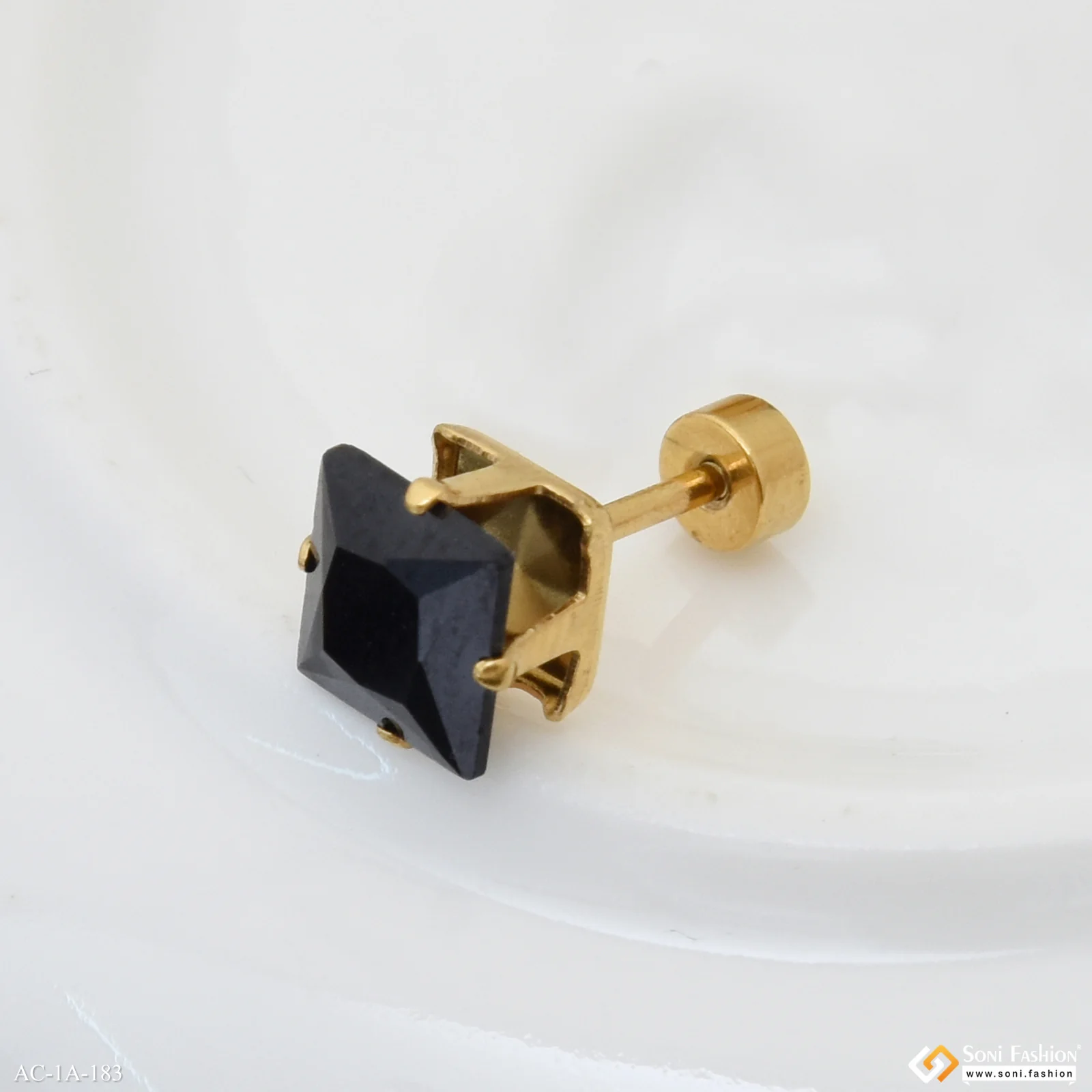 Black ston Glittering Design Gold Plated Stud Earring for Men (1 pc) - Style A183 - Image 5
