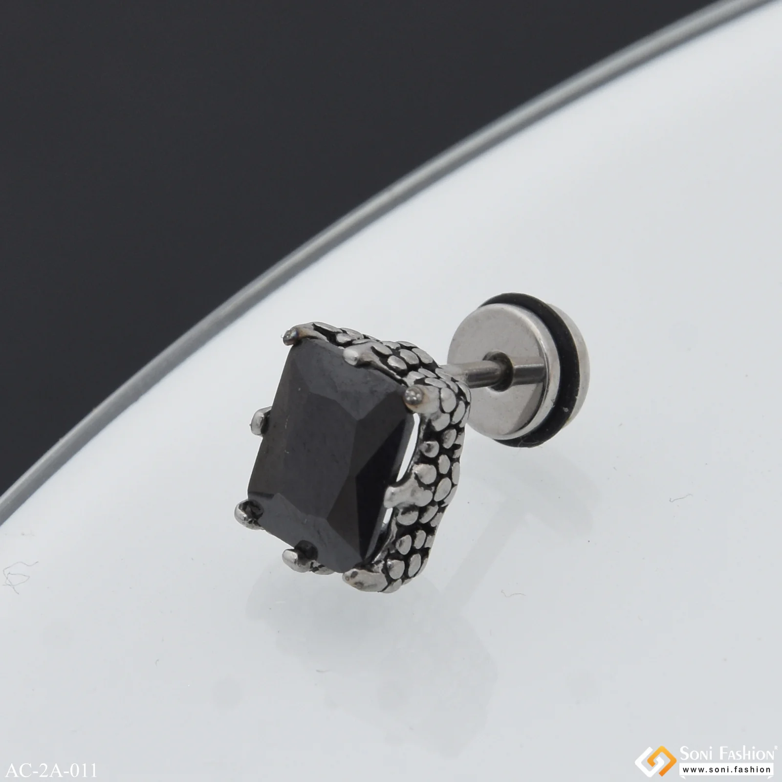 Black Stone Awesome Design Surgical Steel Stud Earring for Men (1 Pc) - Style A011 - Image 3