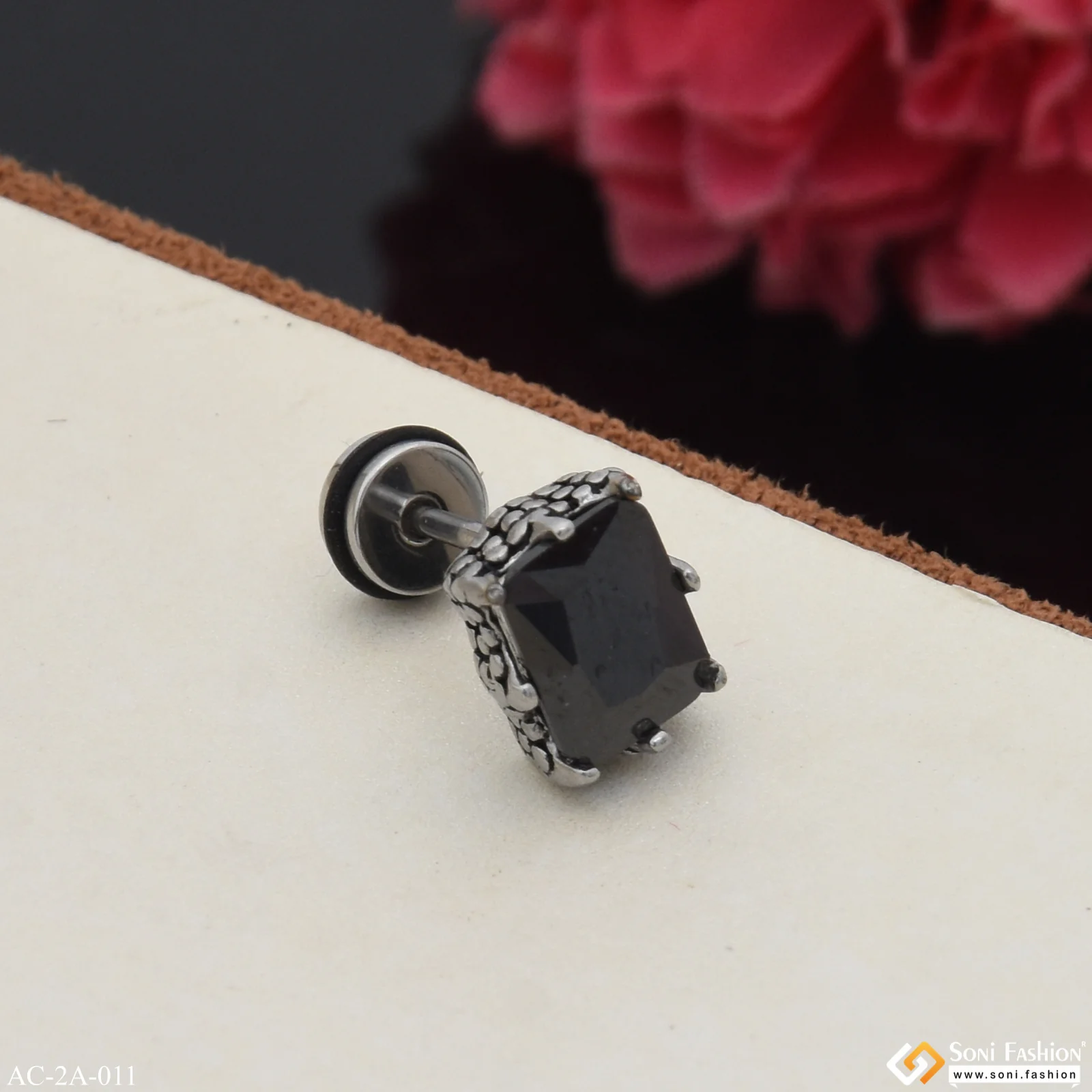 Black Stone Awesome Design Surgical Steel Stud Earring for Men (1 Pc) - Style A011 - Image 4