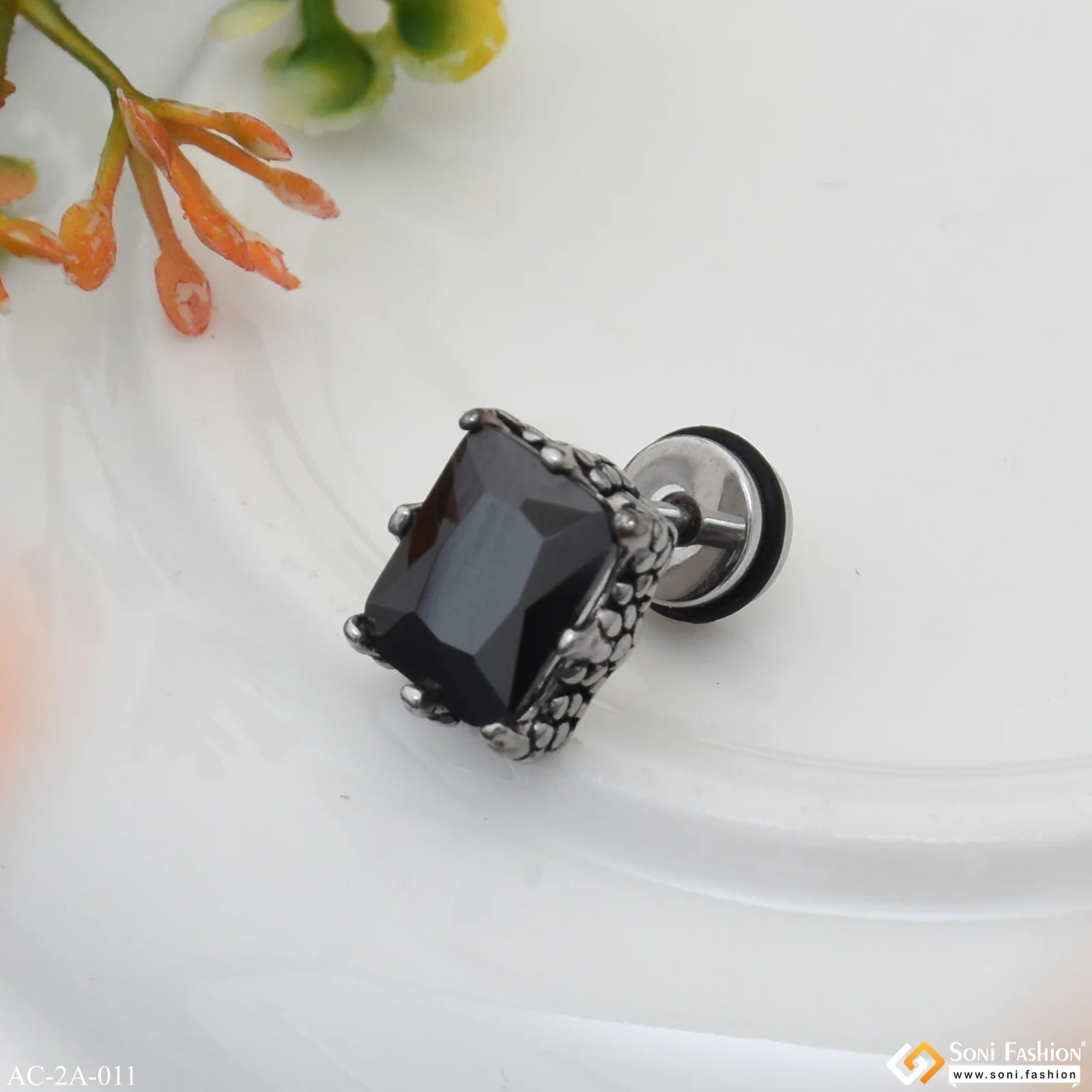 Black Stone Awesome Design Surgical Steel Stud Earring for Men (1 Pc) - Style A011 - Image 5